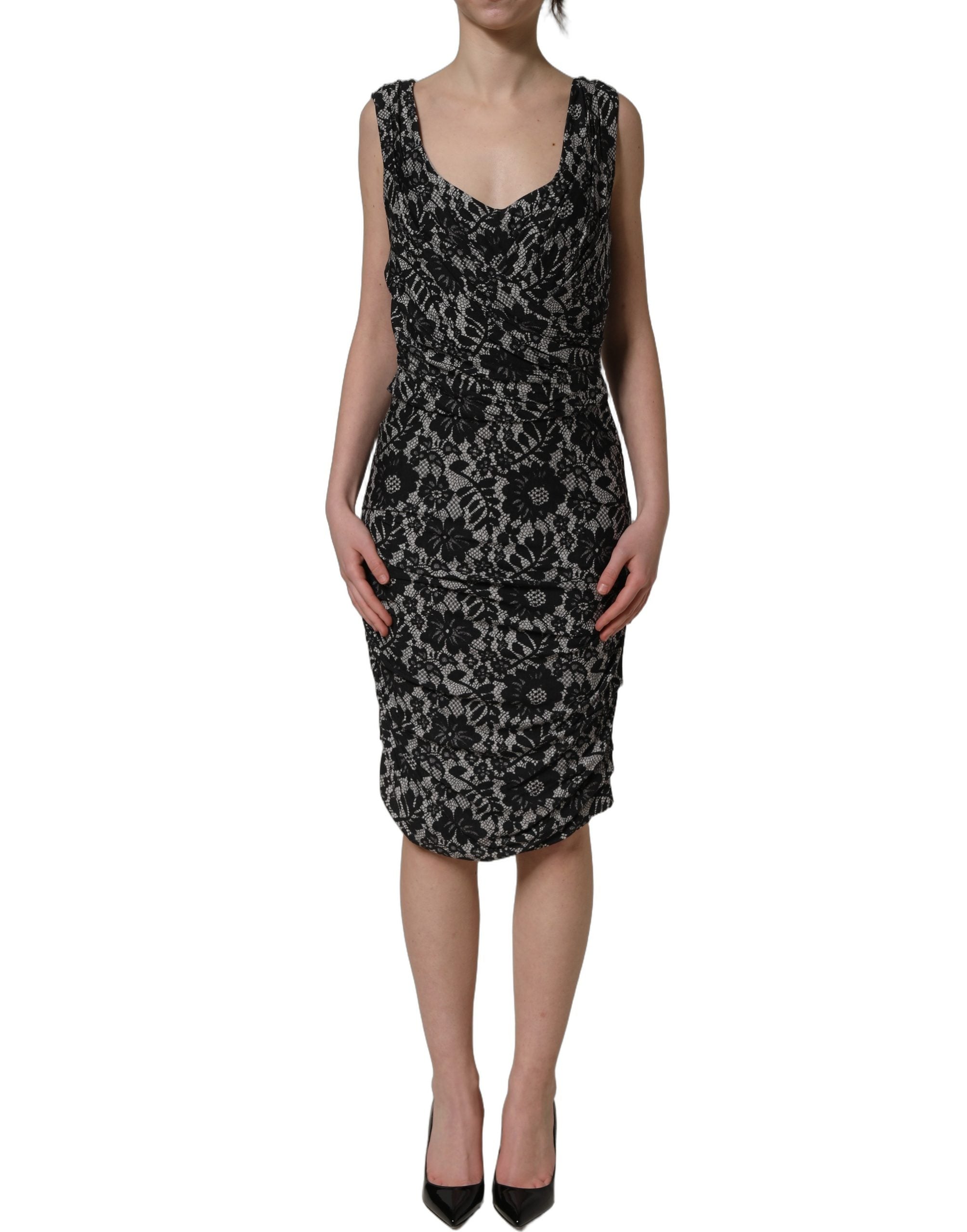 Dolce & Gabbana Ärmelloses Midikleid mit schwarzer und weißer Blumen-Spitze