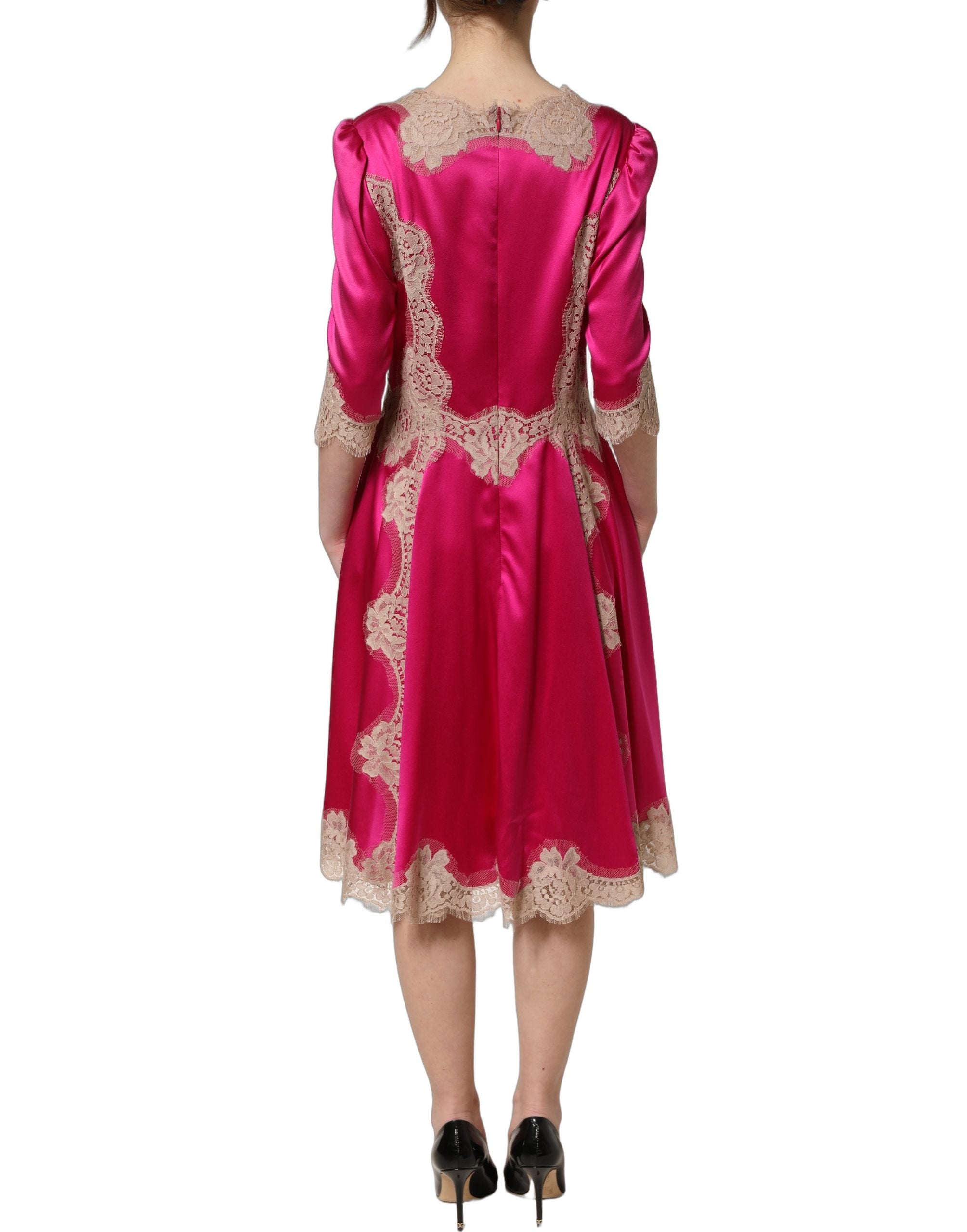 Dolce & Gabbana Fuchsia Pink Spitzen-Detail A-Linien-Midikleid