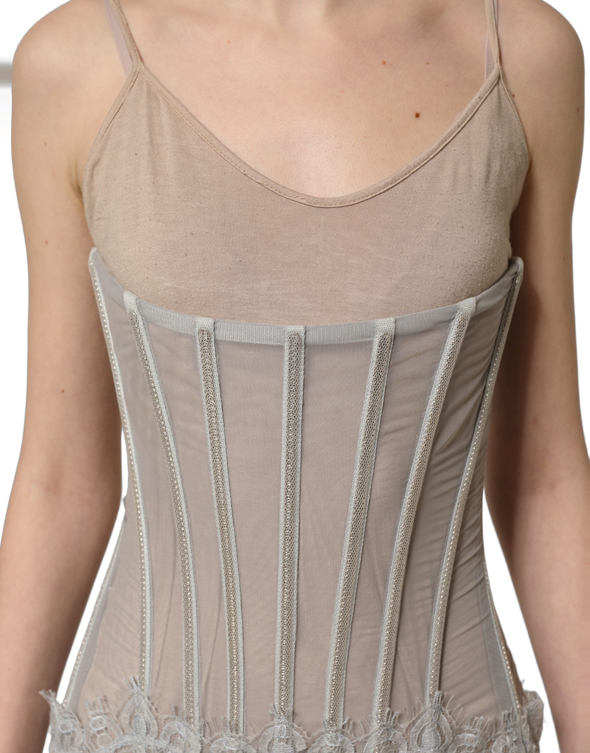 Dolce & Gabbana Graues Spitzenkorsett-Maxikleid