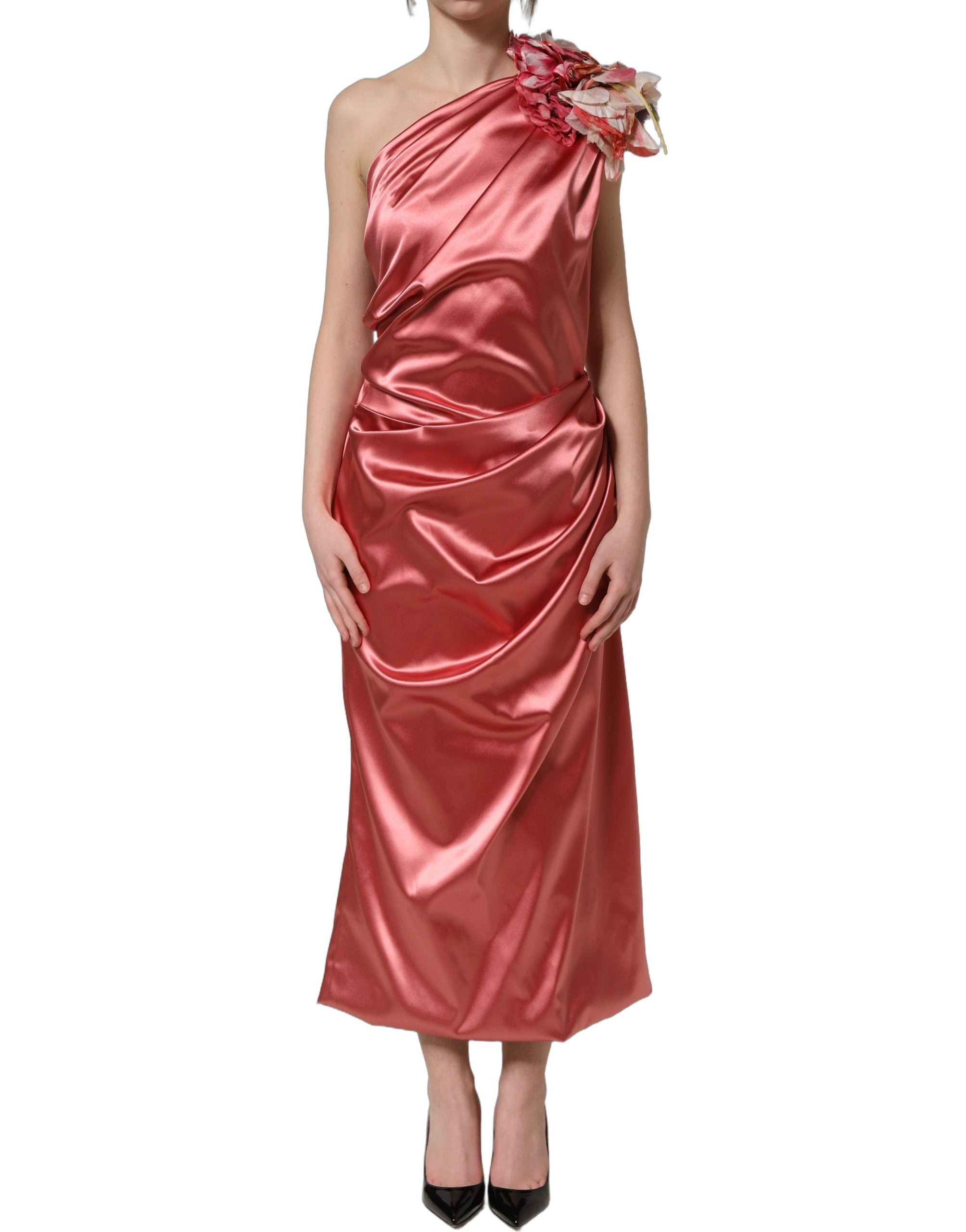 Dolce & Gabbana Rosa Midikleid mit Blumenapplikationen und Drapierung