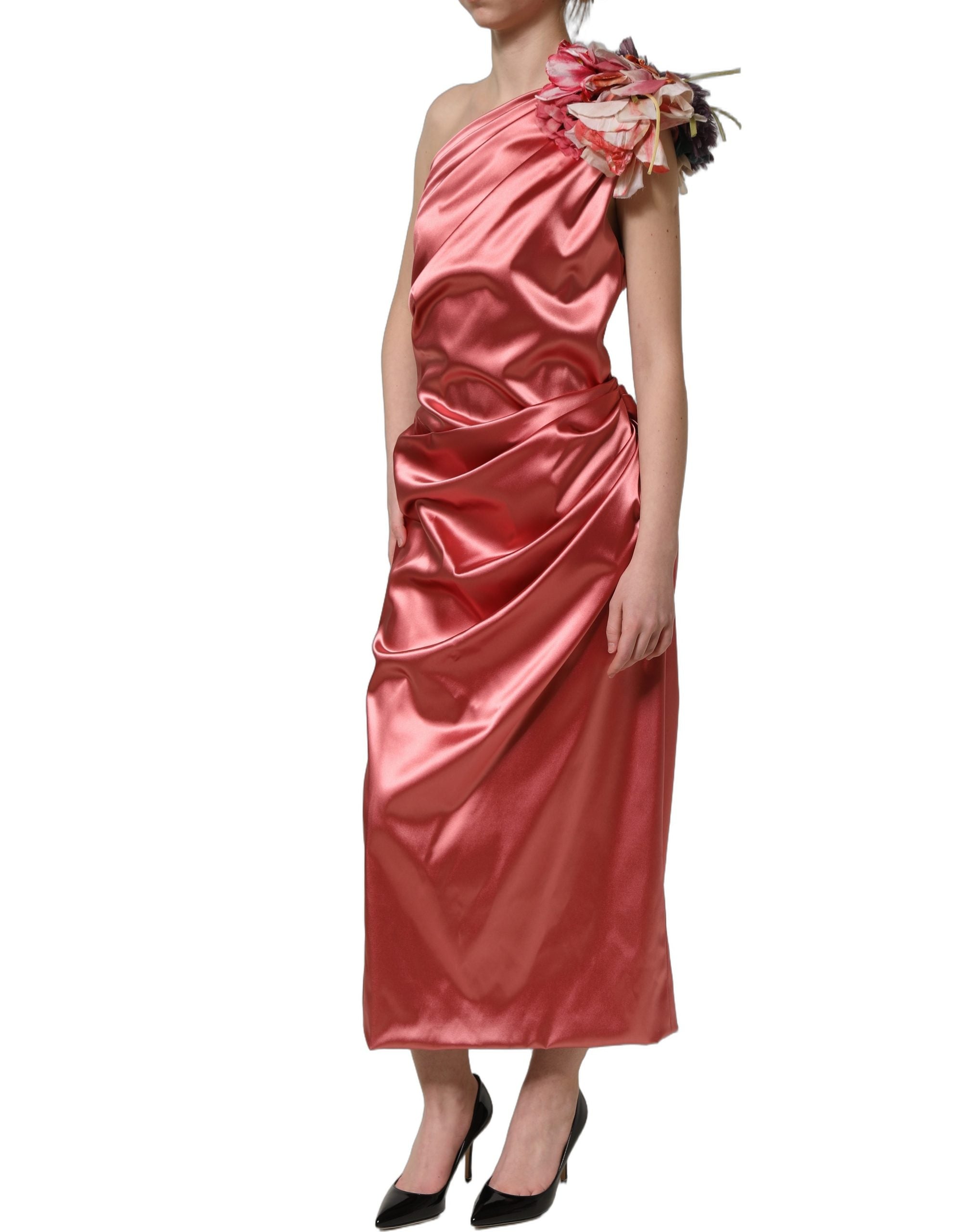 Dolce & Gabbana Rosa Midikleid mit Blumenapplikationen und Drapierung