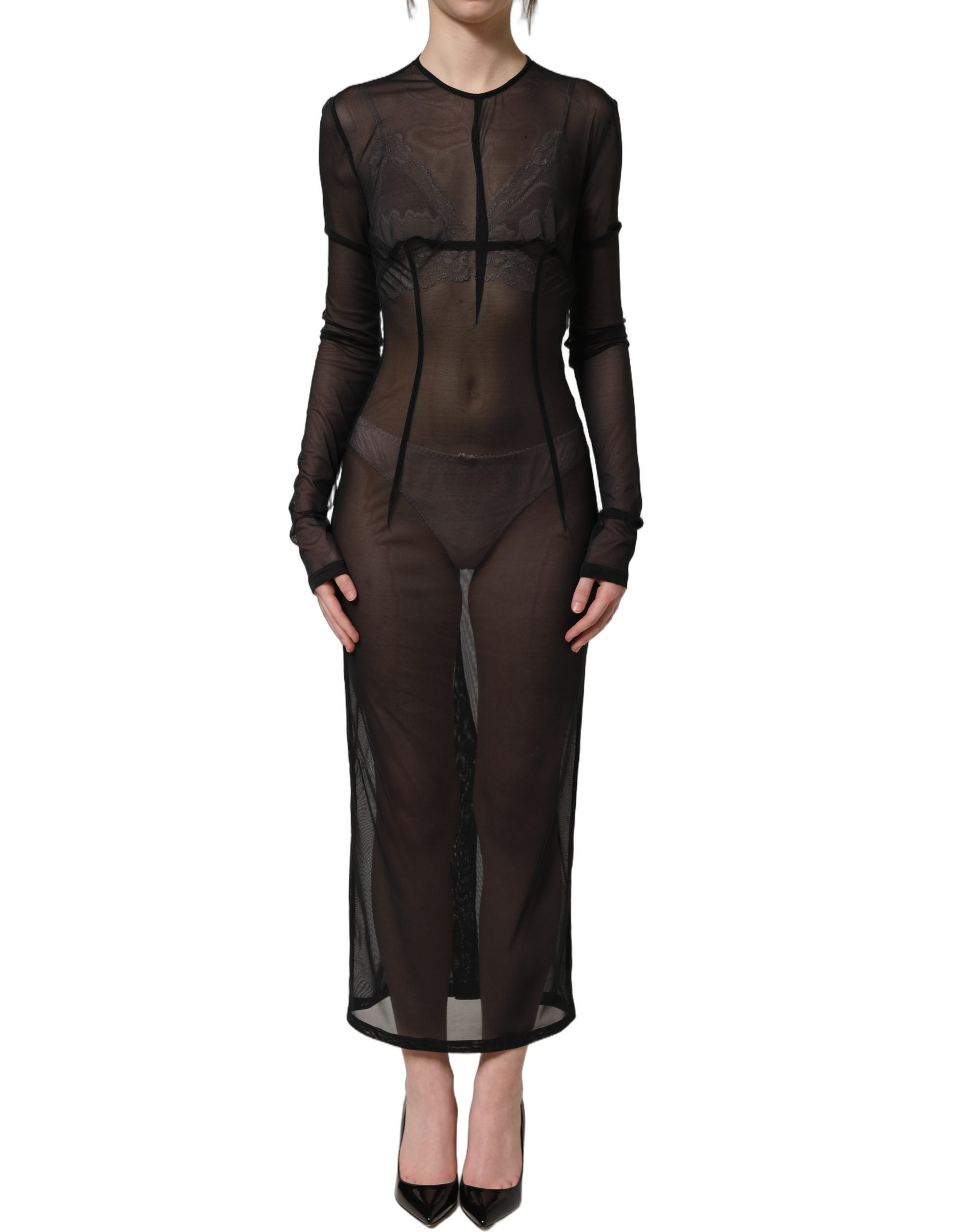 Dolce & Gabbana Schwarzes, figurbetontes Maxikleid mit langen Ärmeln und transparentem Stoff