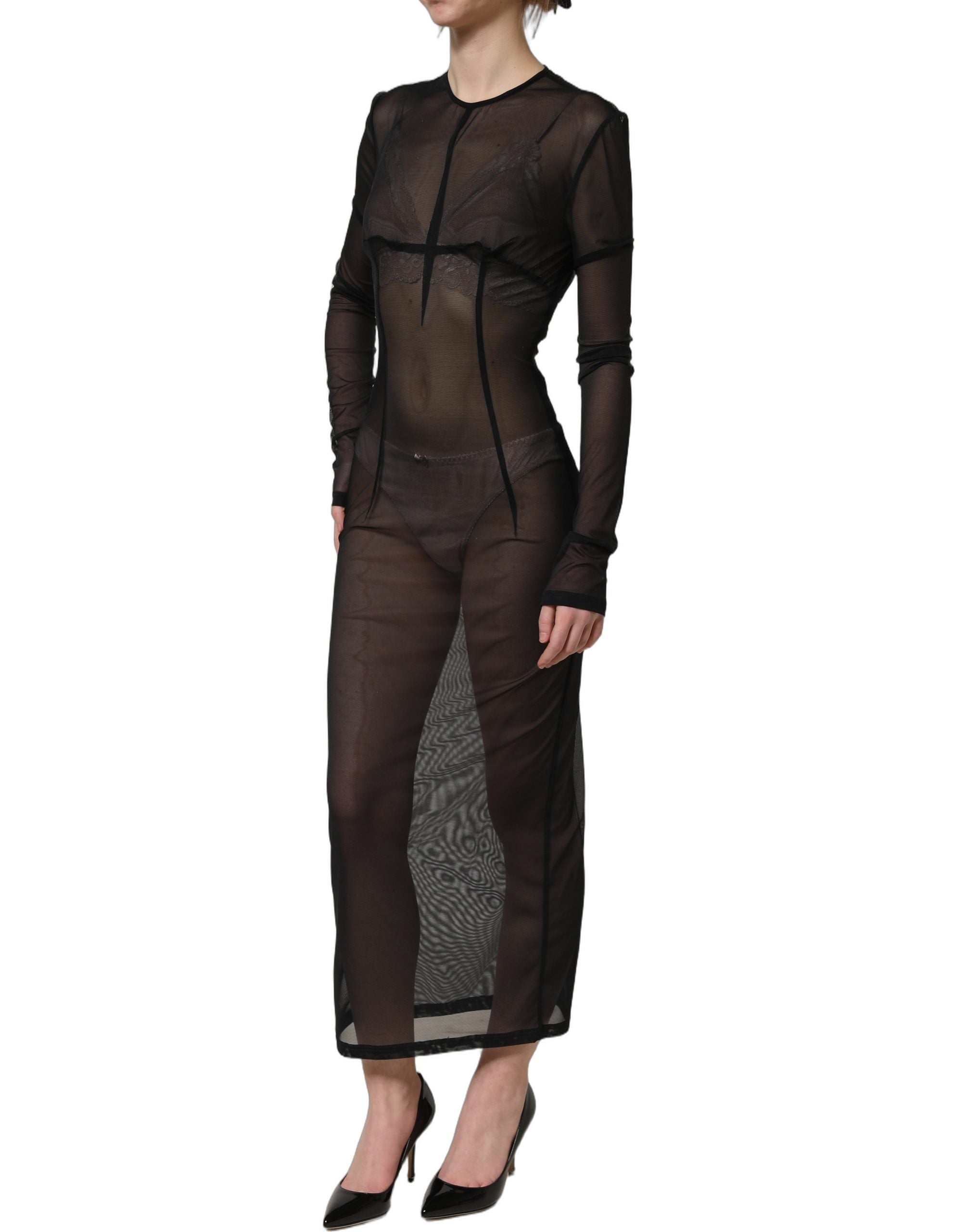 Dolce & Gabbana Schwarzes, figurbetontes Maxikleid mit langen Ärmeln und transparentem Stoff