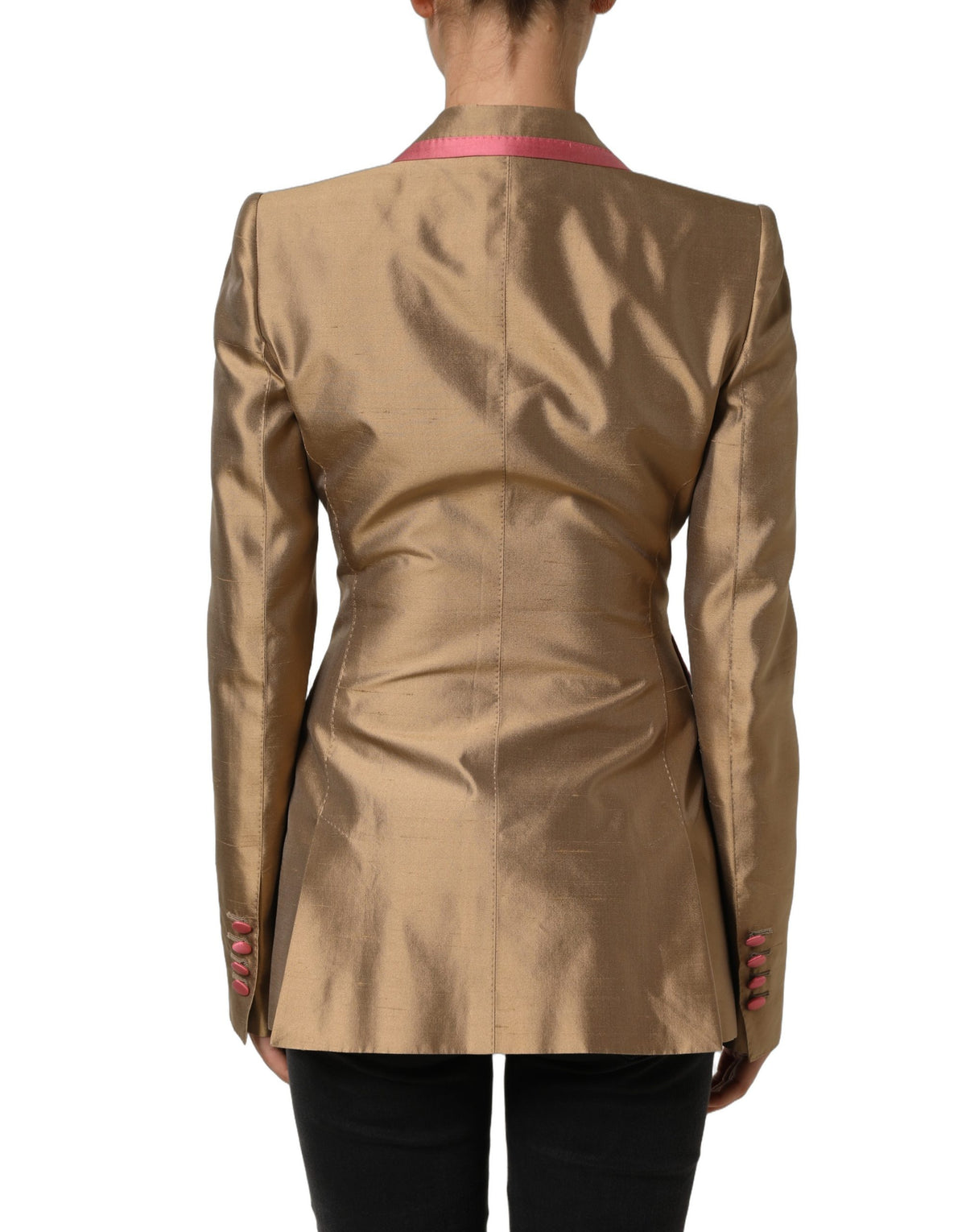 Dolce & Gabbana Goldfarbener Seiden-Zweireihiger Mantel-Blazer