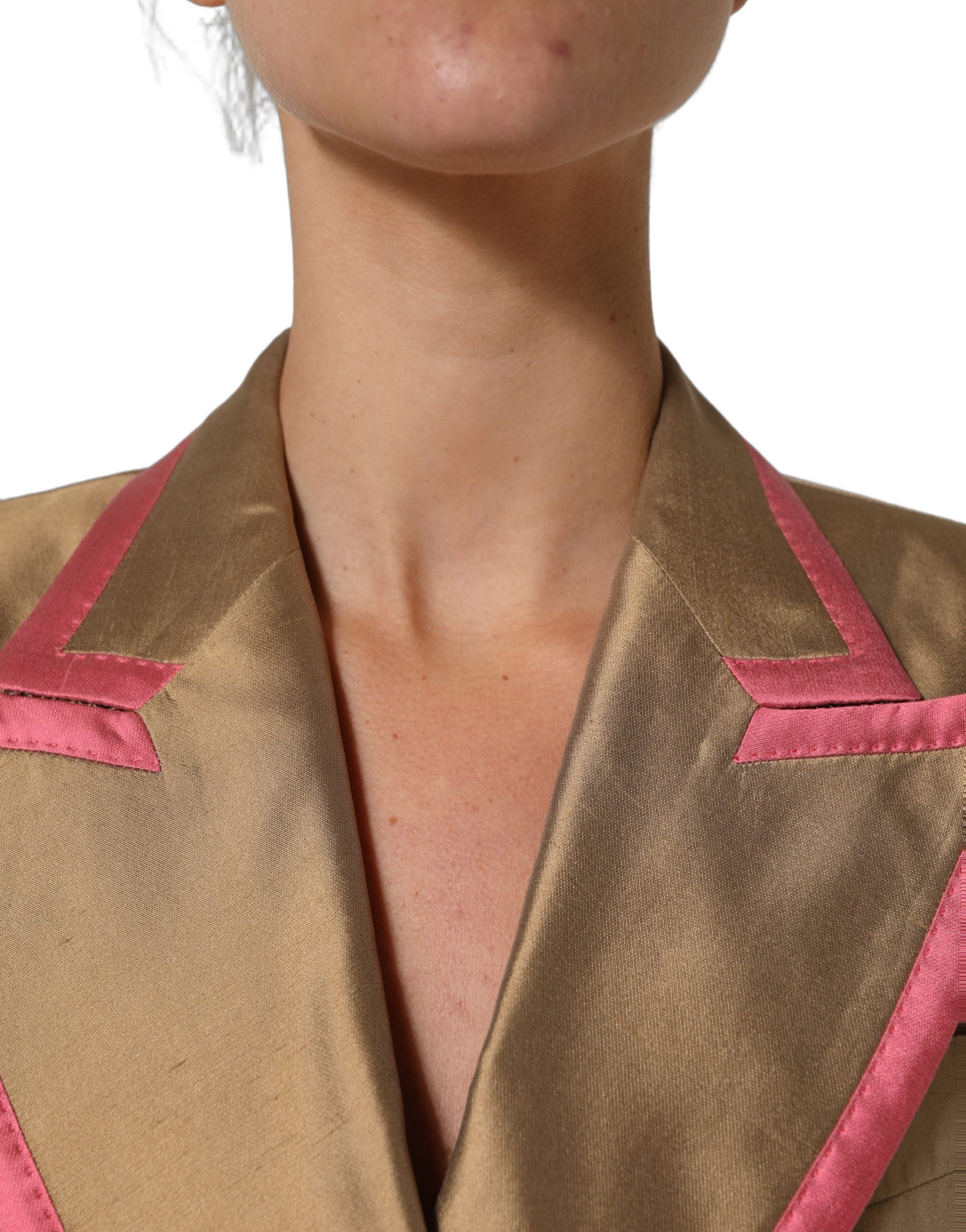 Dolce & Gabbana Goldfarbener Seiden-Zweireihiger Mantel-Blazer