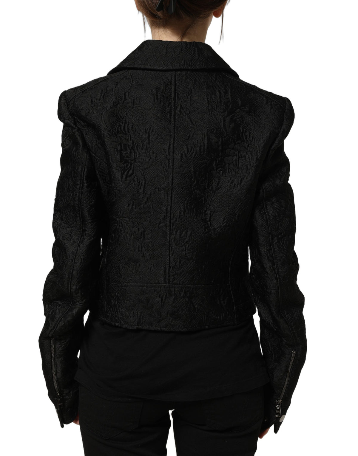 Dolce & Gabbana Schwarze Biker-Blousonjacke aus Blumenbrokat