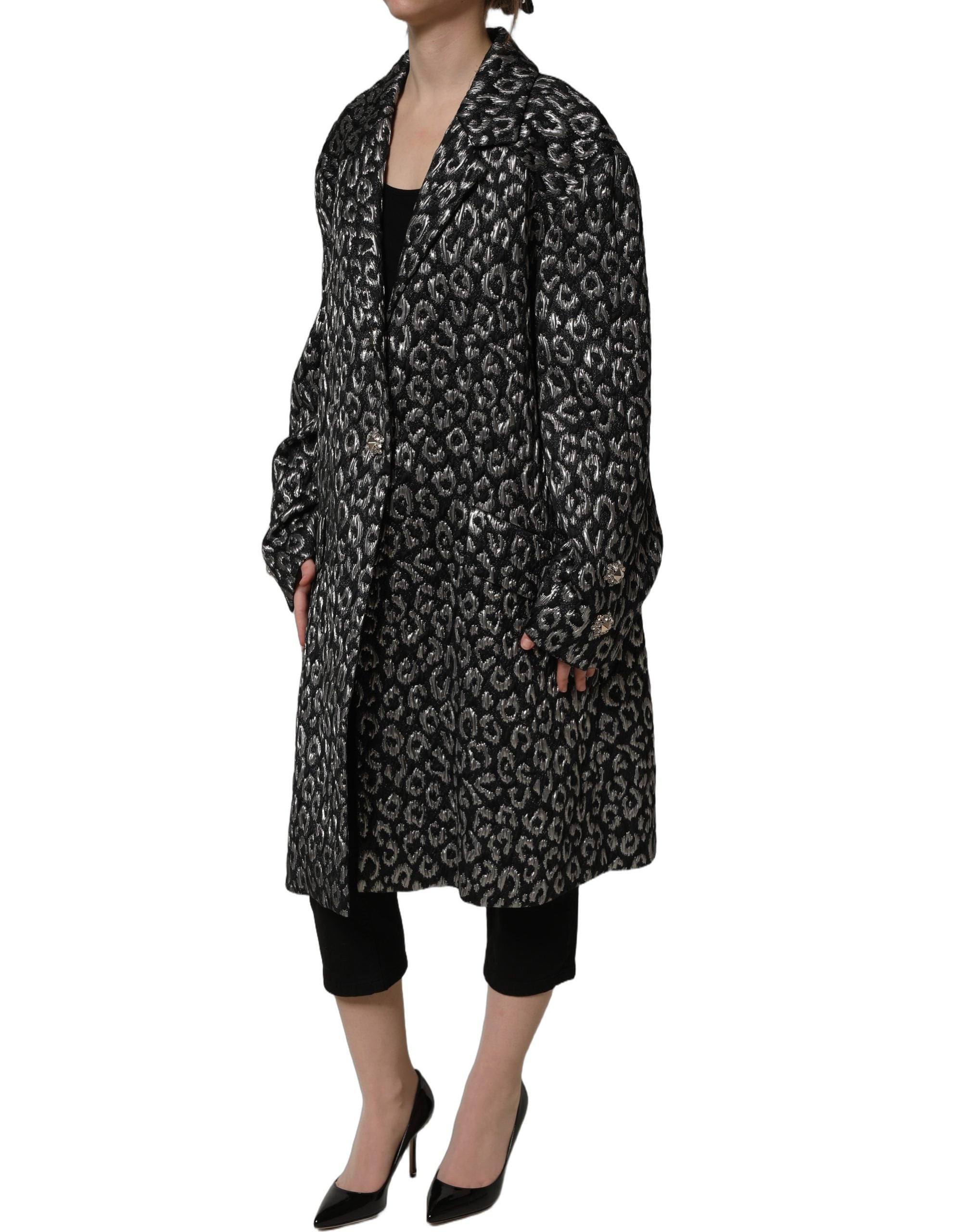 Dolce & Gabbana Schwarzer Jacquard-Mantel mit Silber-Leo-Muster