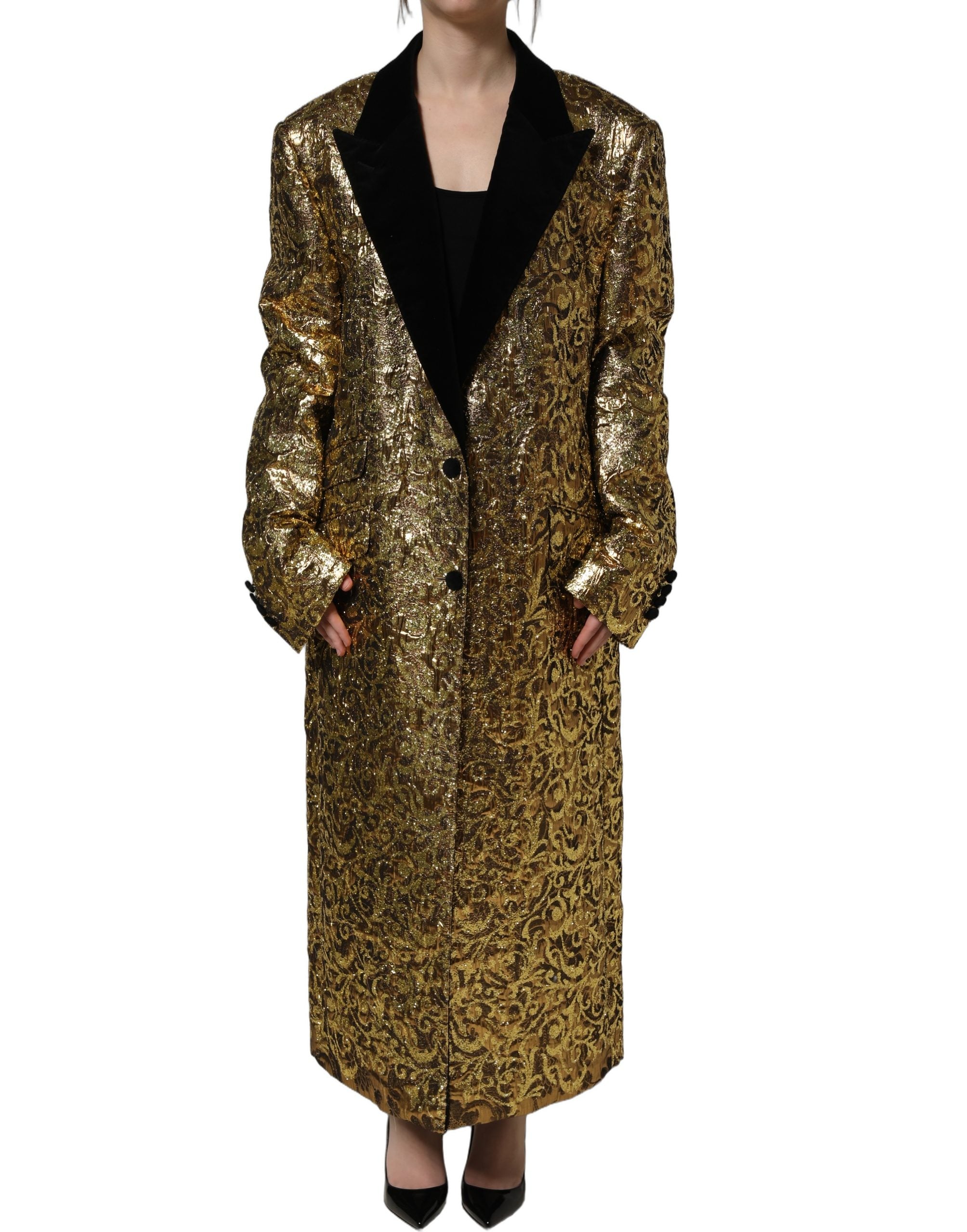 Dolce & Gabbana Goldfarbener Woll-Trenchcoat im Jacquard-Dessin mit Blumenmuster