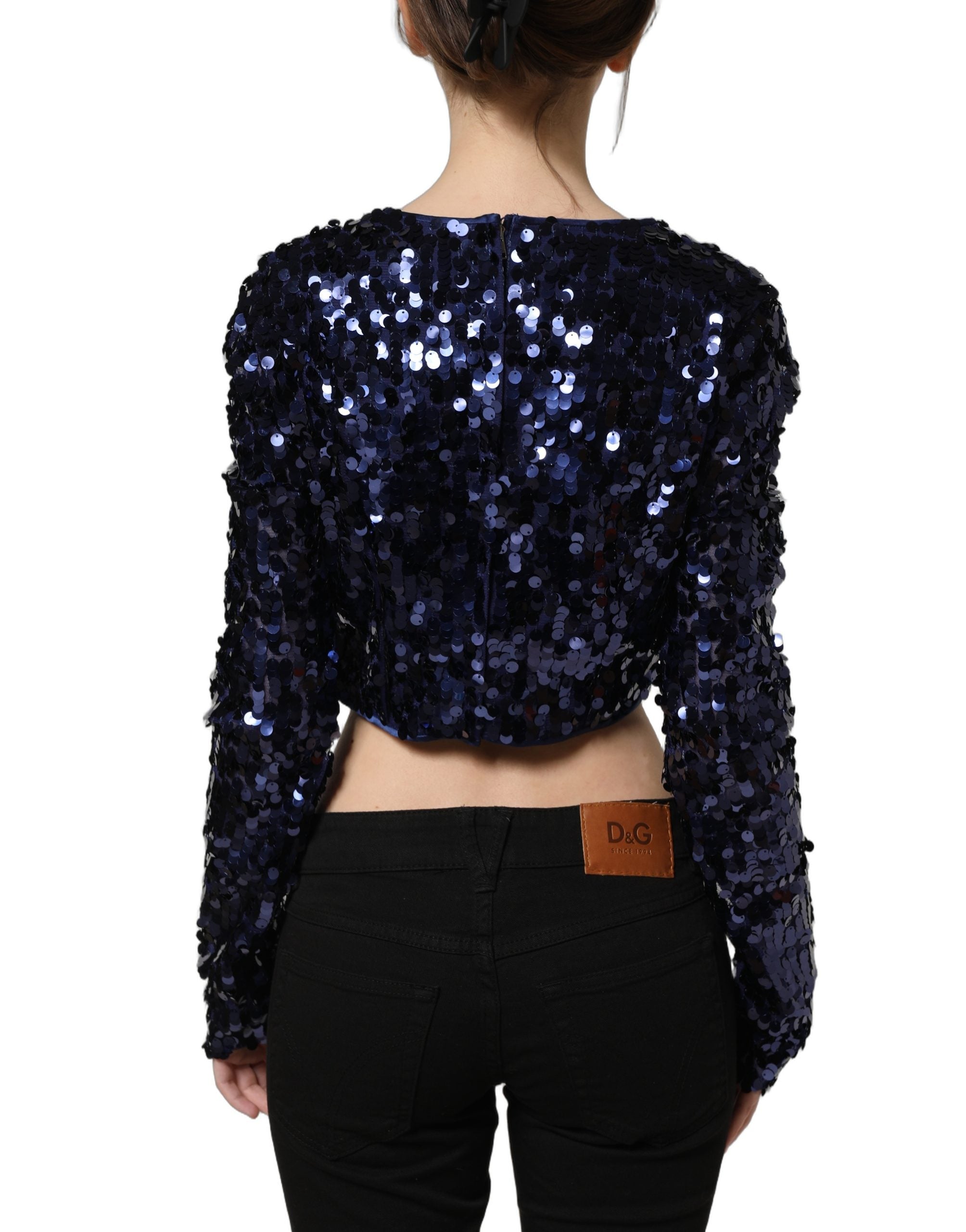 Dolce & Gabbana Blaues Pailletten-Crop-Top mit langen Ärmeln