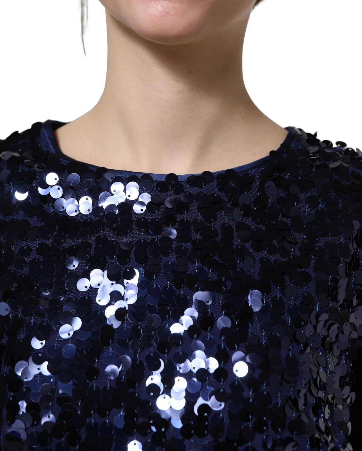 Dolce & Gabbana Blaues Pailletten-Crop-Top mit langen Ärmeln