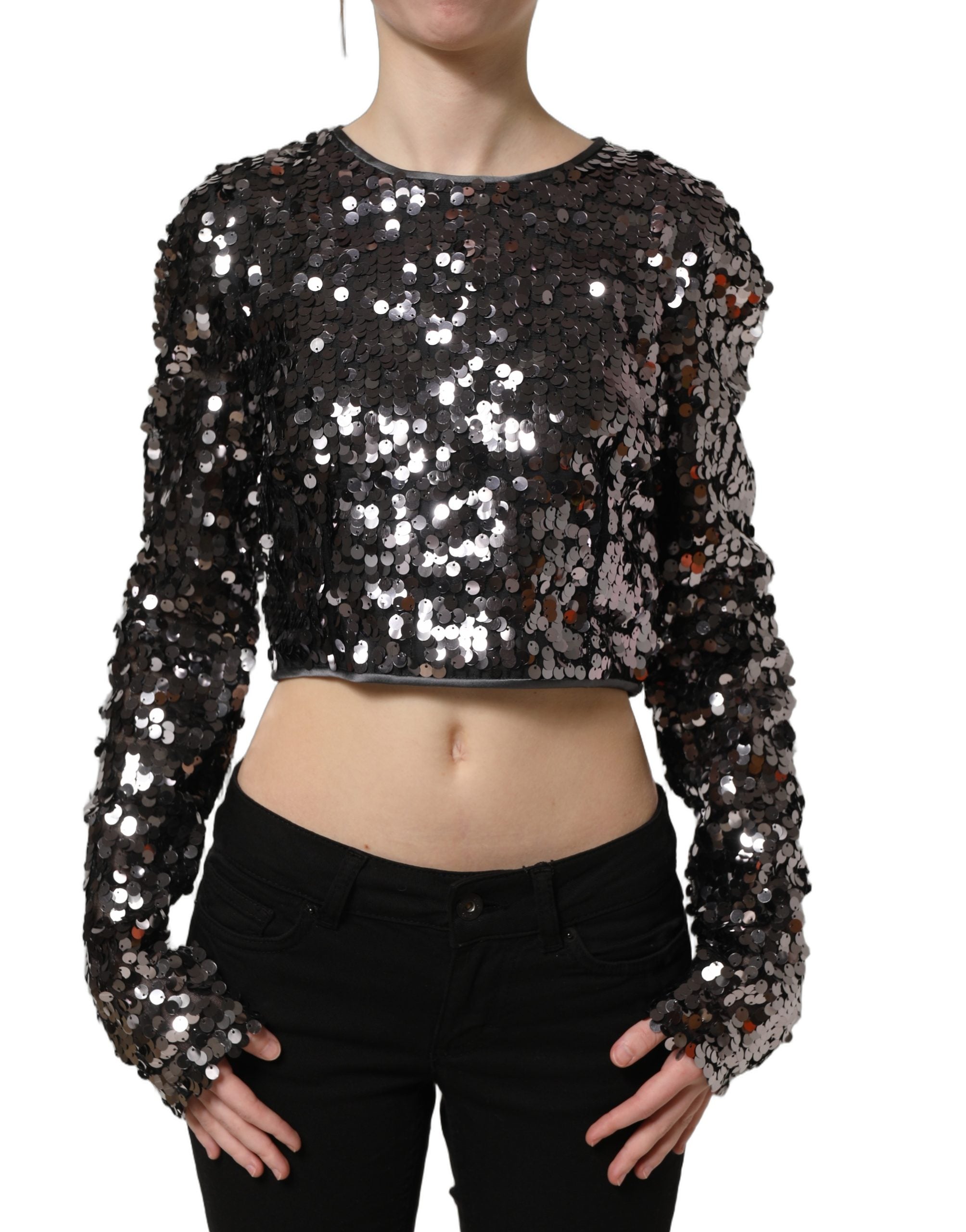 Dolce & Gabbana Schwarze Crop-Bluse mit Pailletten und langen Ärmeln