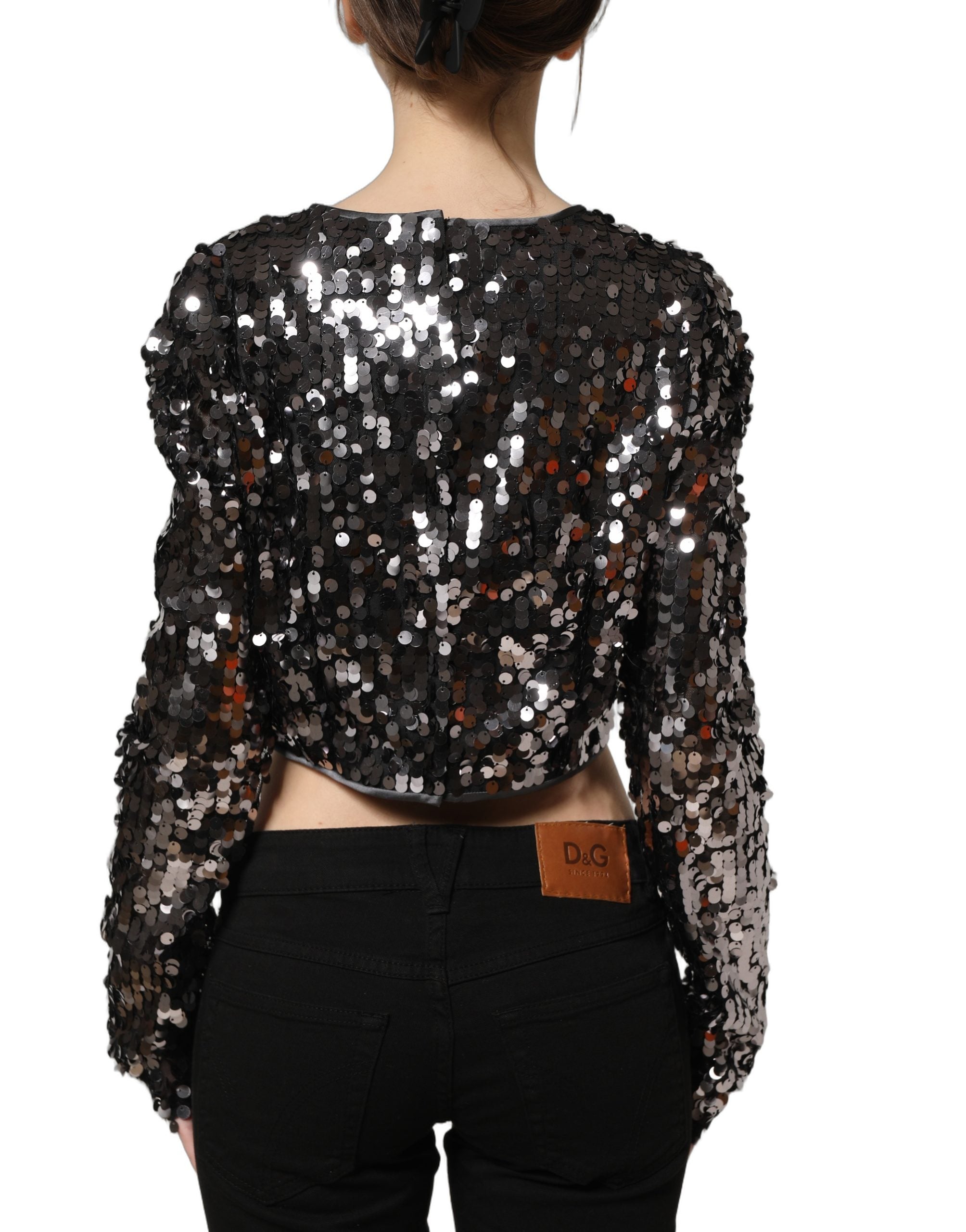 Dolce & Gabbana Schwarze Crop-Bluse mit Pailletten und langen Ärmeln