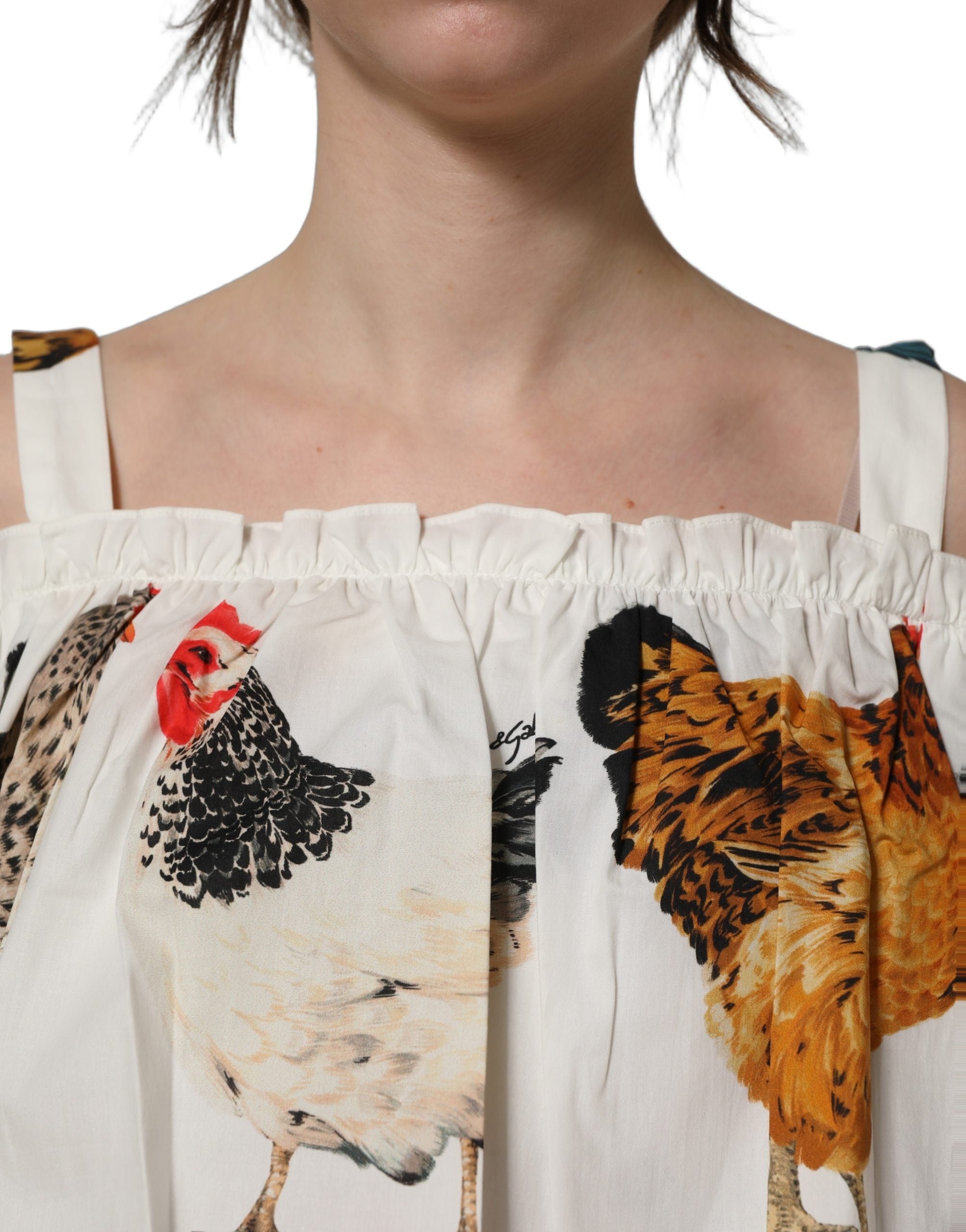 Dolce & Gabbana Weiße Popeline-Bluse mit Hahnendruck, schulterfrei