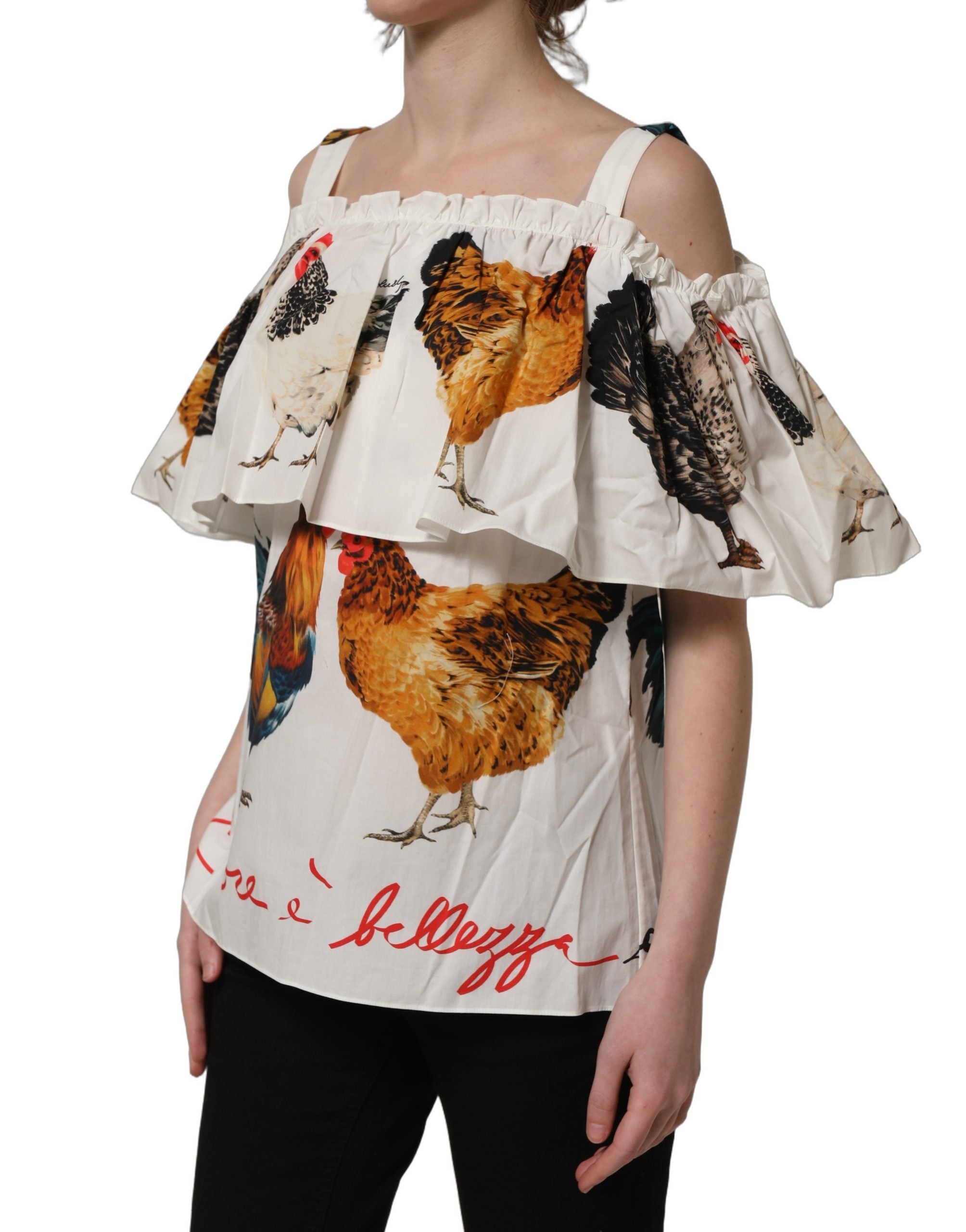 Dolce & Gabbana Weiße Popeline-Bluse mit Hahnendruck, schulterfrei