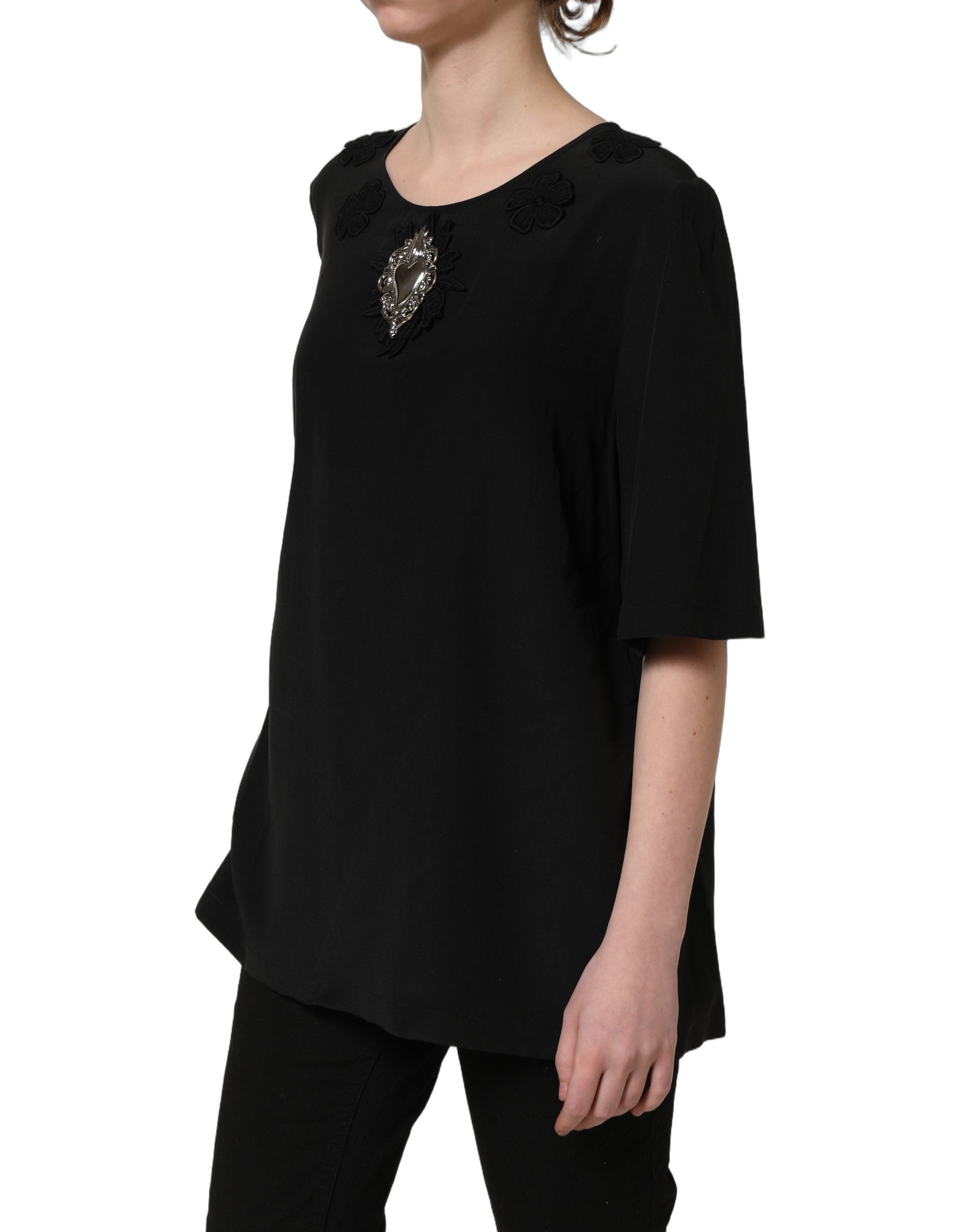 Dolce & Gabbana Schwarze Seidenbluse mit Herz-Applikation und Blumenmuster