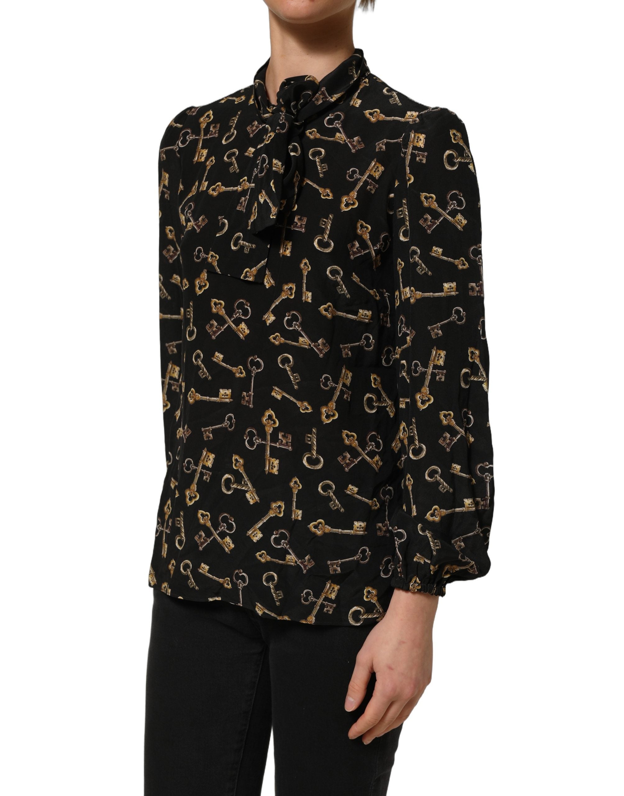 Dolce & Gabbana Seidenbluse mit schwarzem Schlüssel-Print und Schleifenkragen