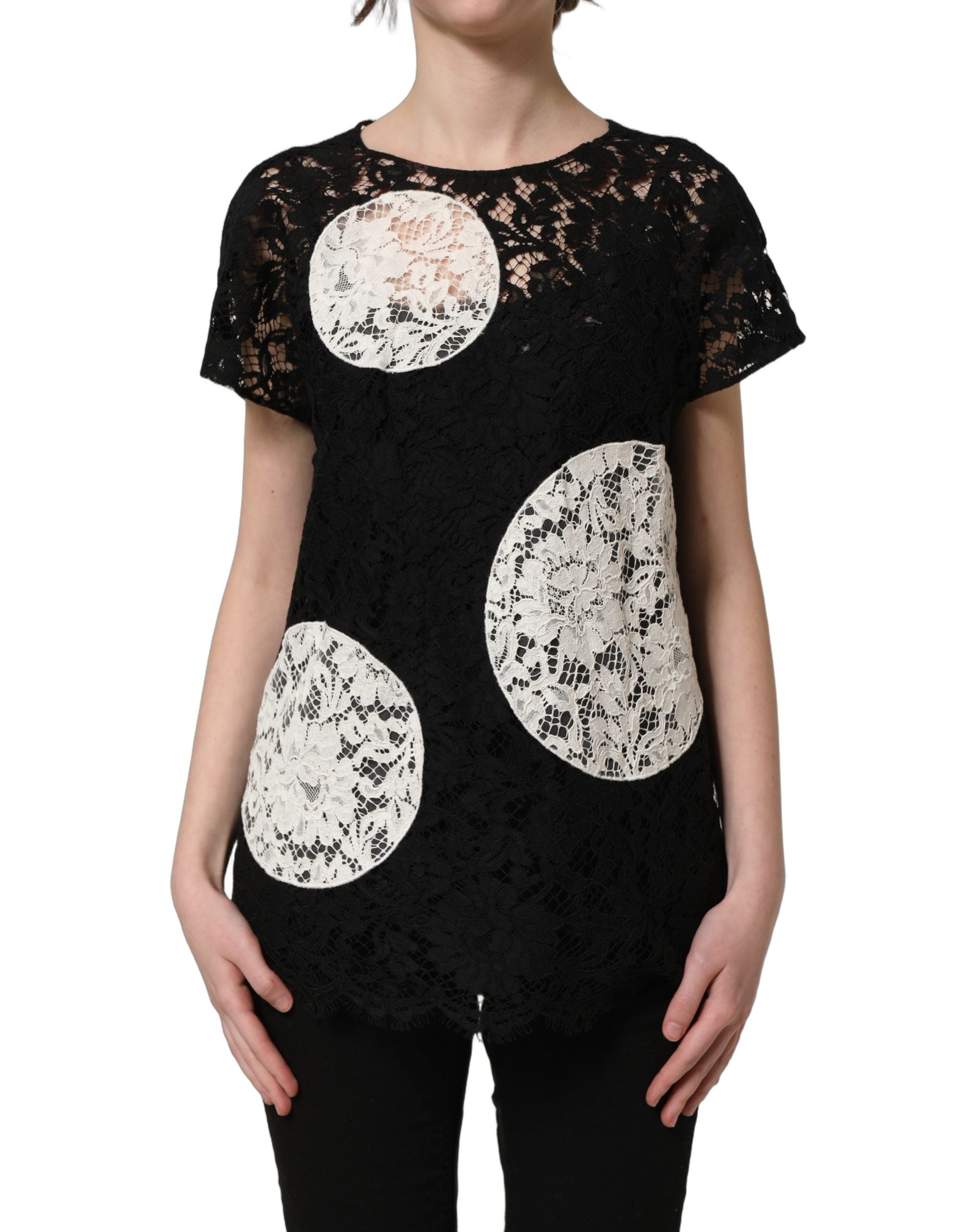 Dolce & Gabbana Kurzarmbluse mit schwarzer und weißer Blumen-Spitze