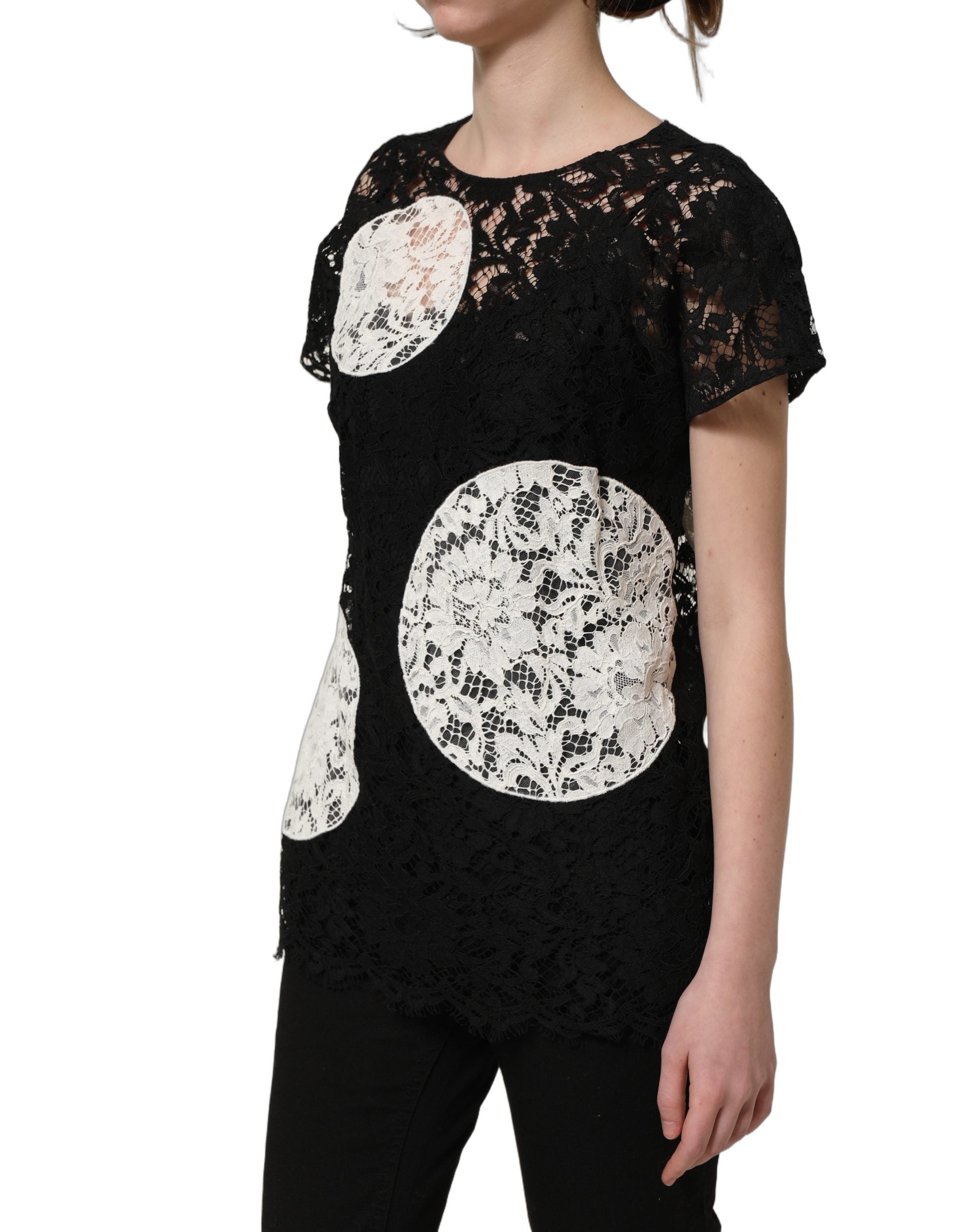 Dolce & Gabbana Kurzarmbluse mit schwarzer und weißer Blumen-Spitze