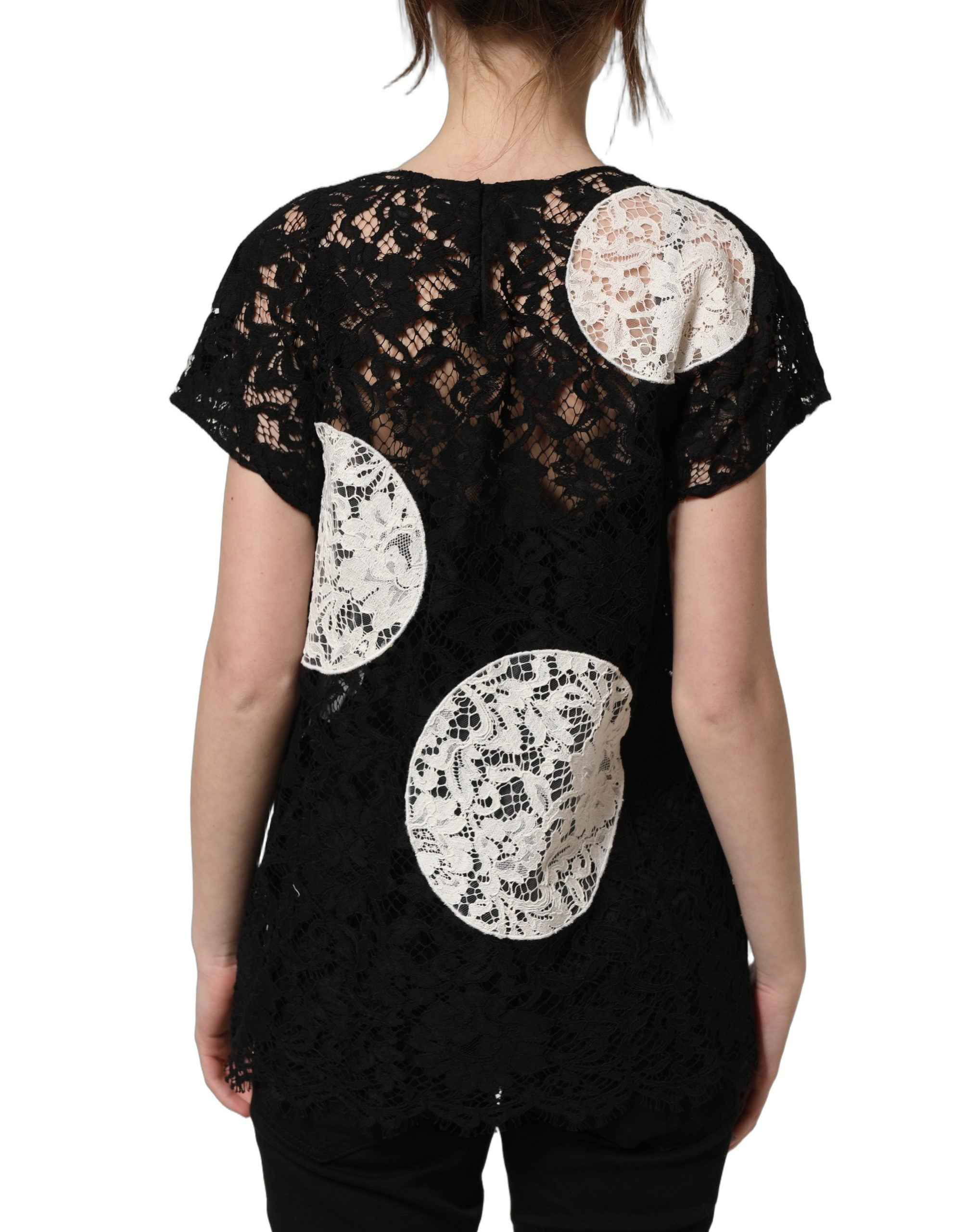 Dolce & Gabbana Kurzarmbluse mit schwarzer und weißer Blumen-Spitze