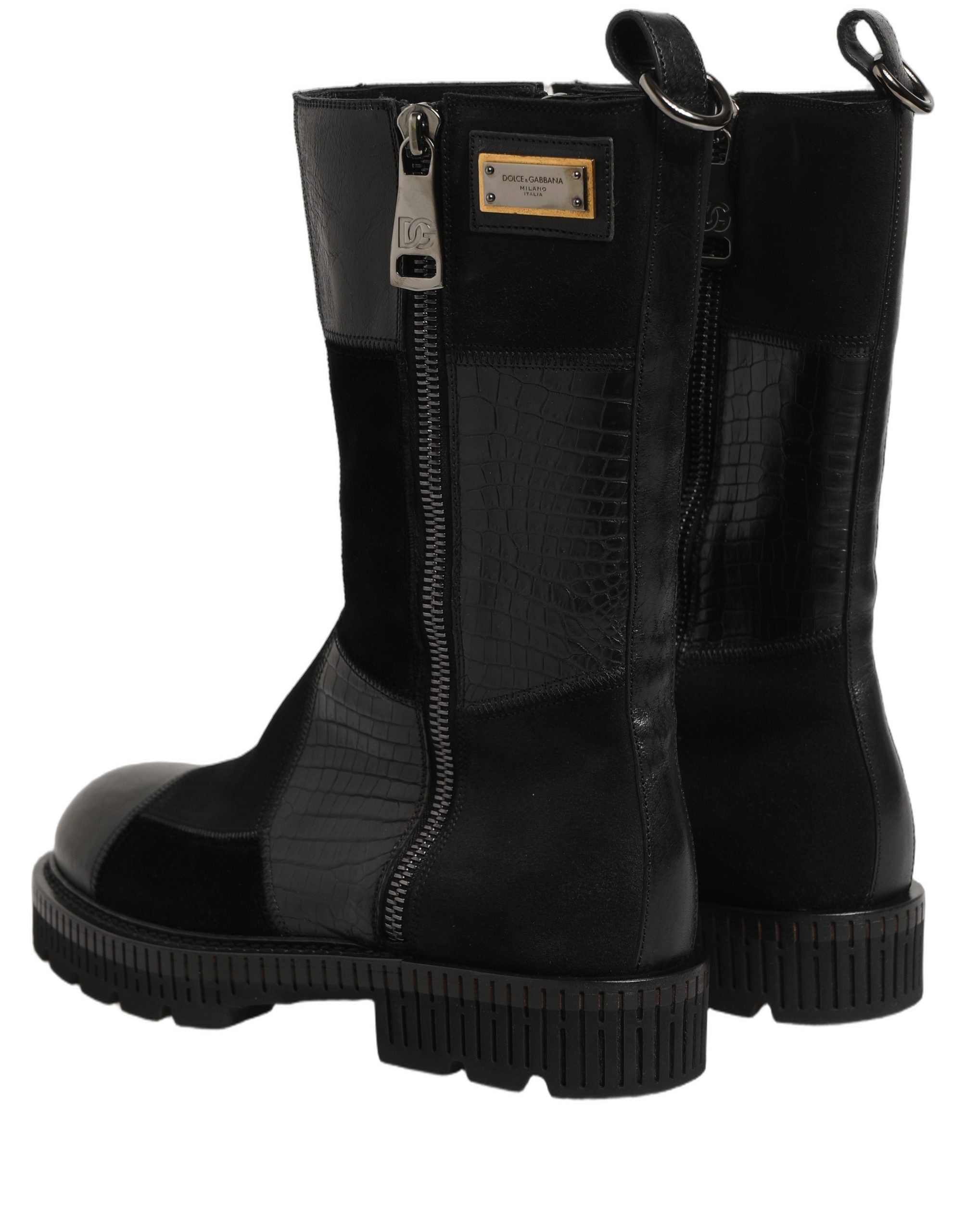 Dolce & Gabbana Schwarze Leder-Stiefeletten mit Patchwork-Optik
