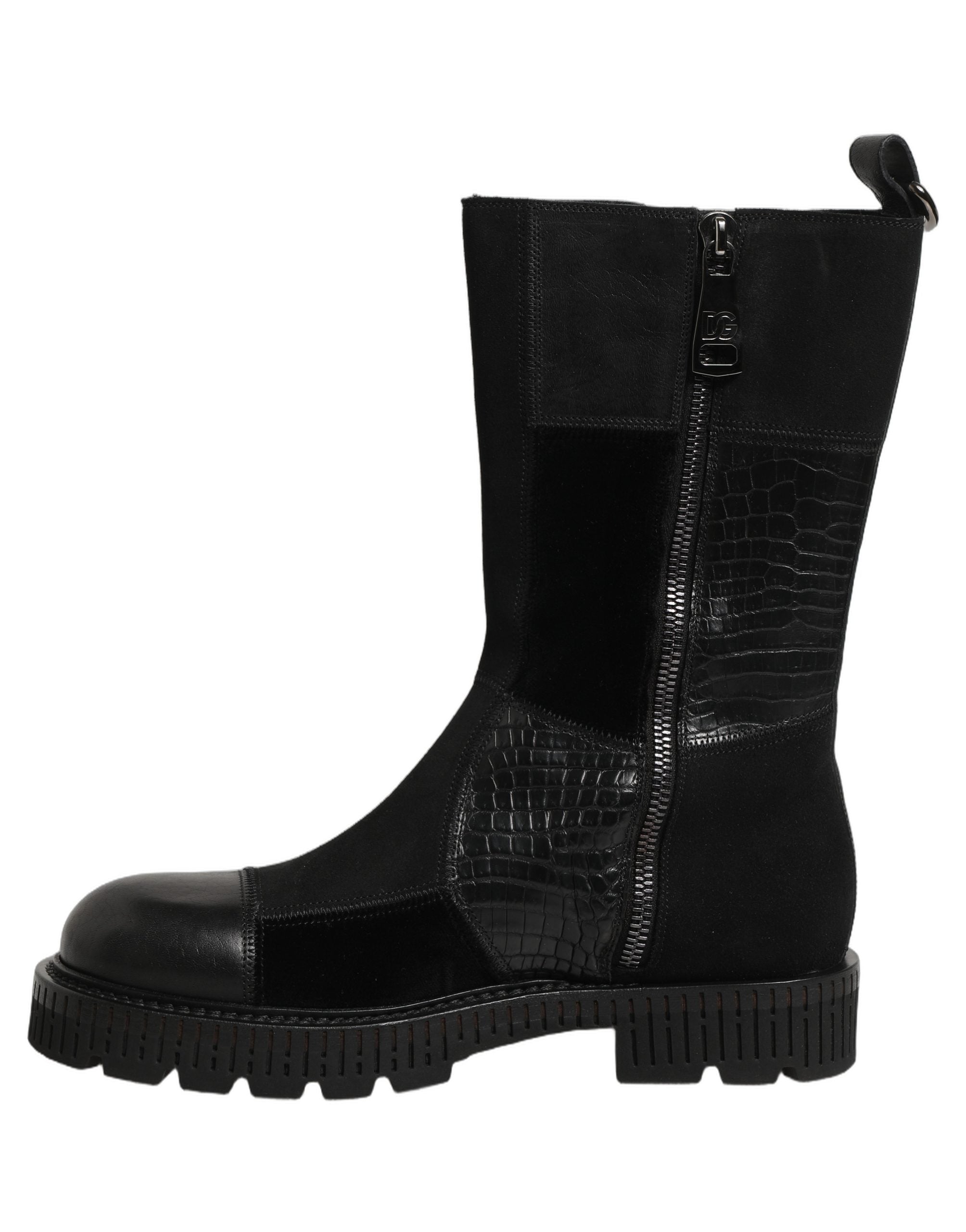 Dolce & Gabbana Schwarze Leder-Stiefeletten mit Patchwork-Optik