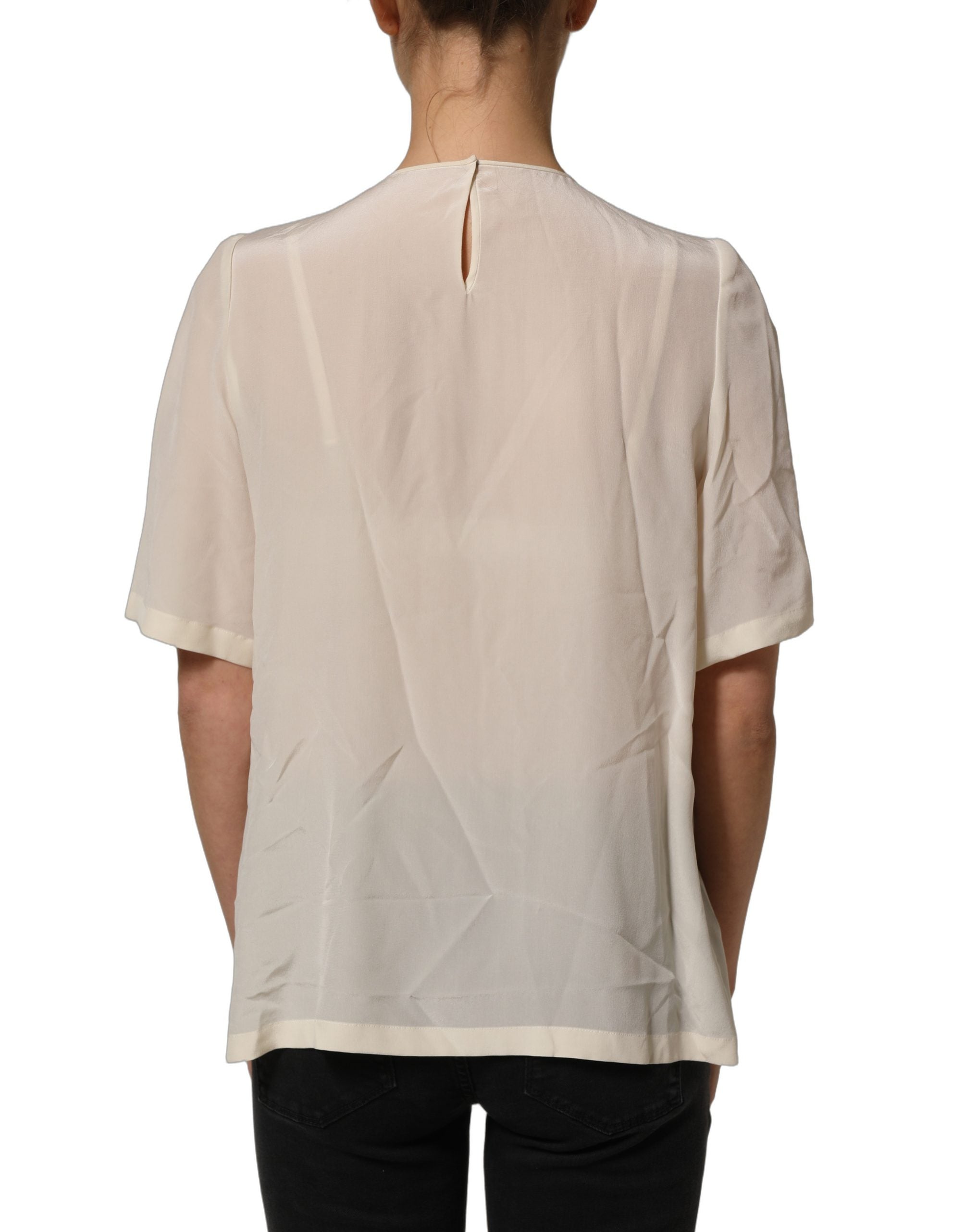 Dolce & Gabbana Beige Seidenbluse mit Spitzenbesatz und Schleife, kurze Ärmel