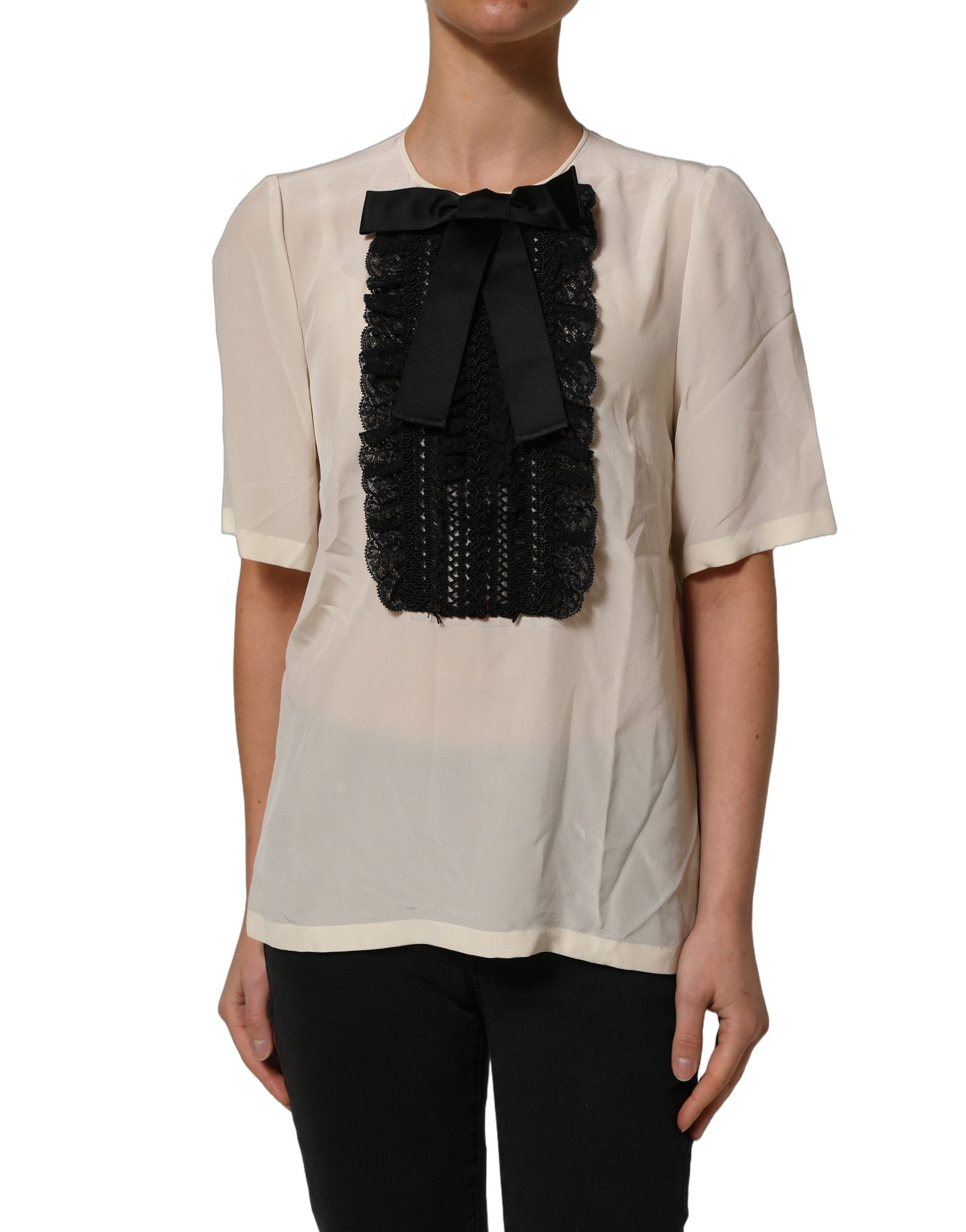 Dolce & Gabbana Beige Seidenbluse mit Spitzenbesatz und Schleife, kurze Ärmel