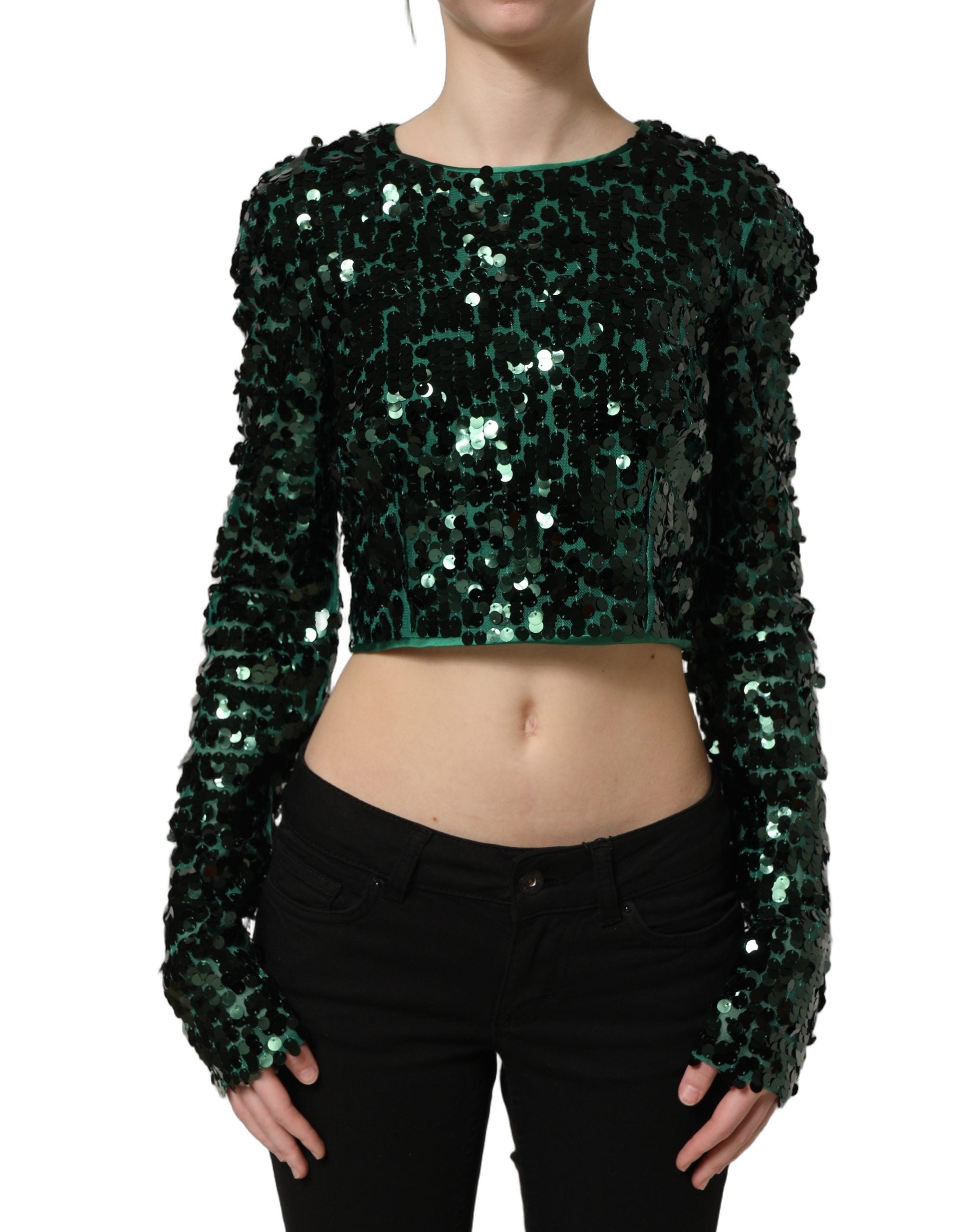 Dolce & Gabbana Grünes Crop-Top mit Pailletten und langen Ärmeln