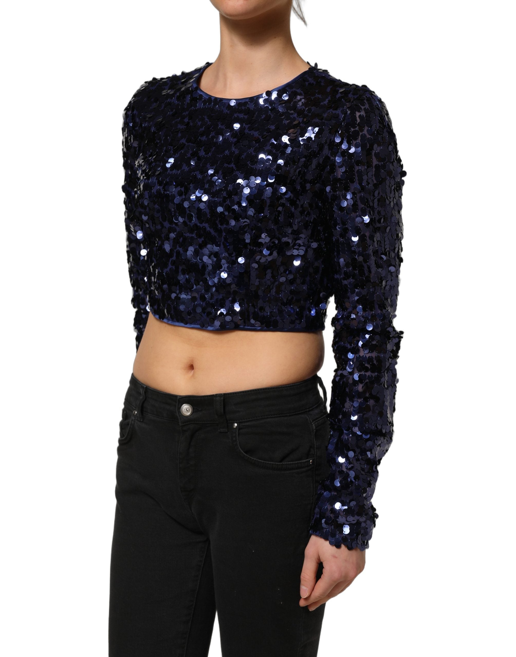 Dolce & Gabbana Blaues Pailletten-Crop-Top mit langen Ärmeln