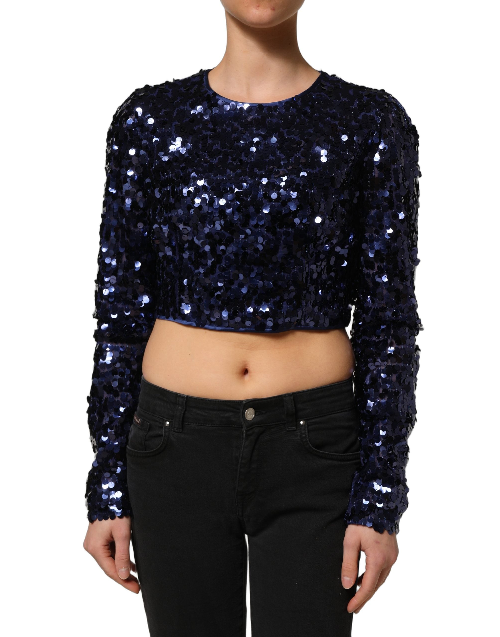 Dolce & Gabbana Blaues Pailletten-Crop-Top mit langen Ärmeln
