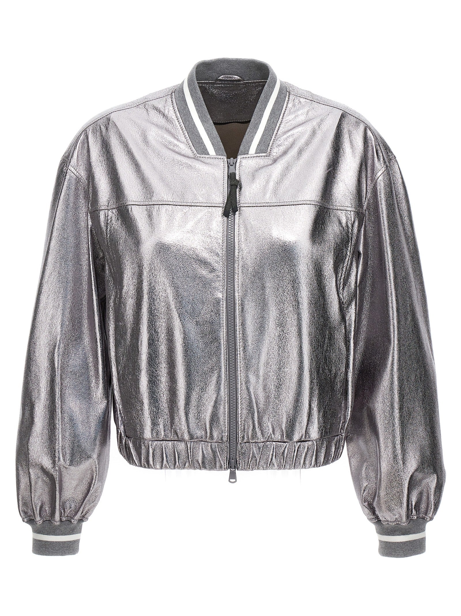 Brunello Cucinelli Bomberjacke aus silbernem Leder