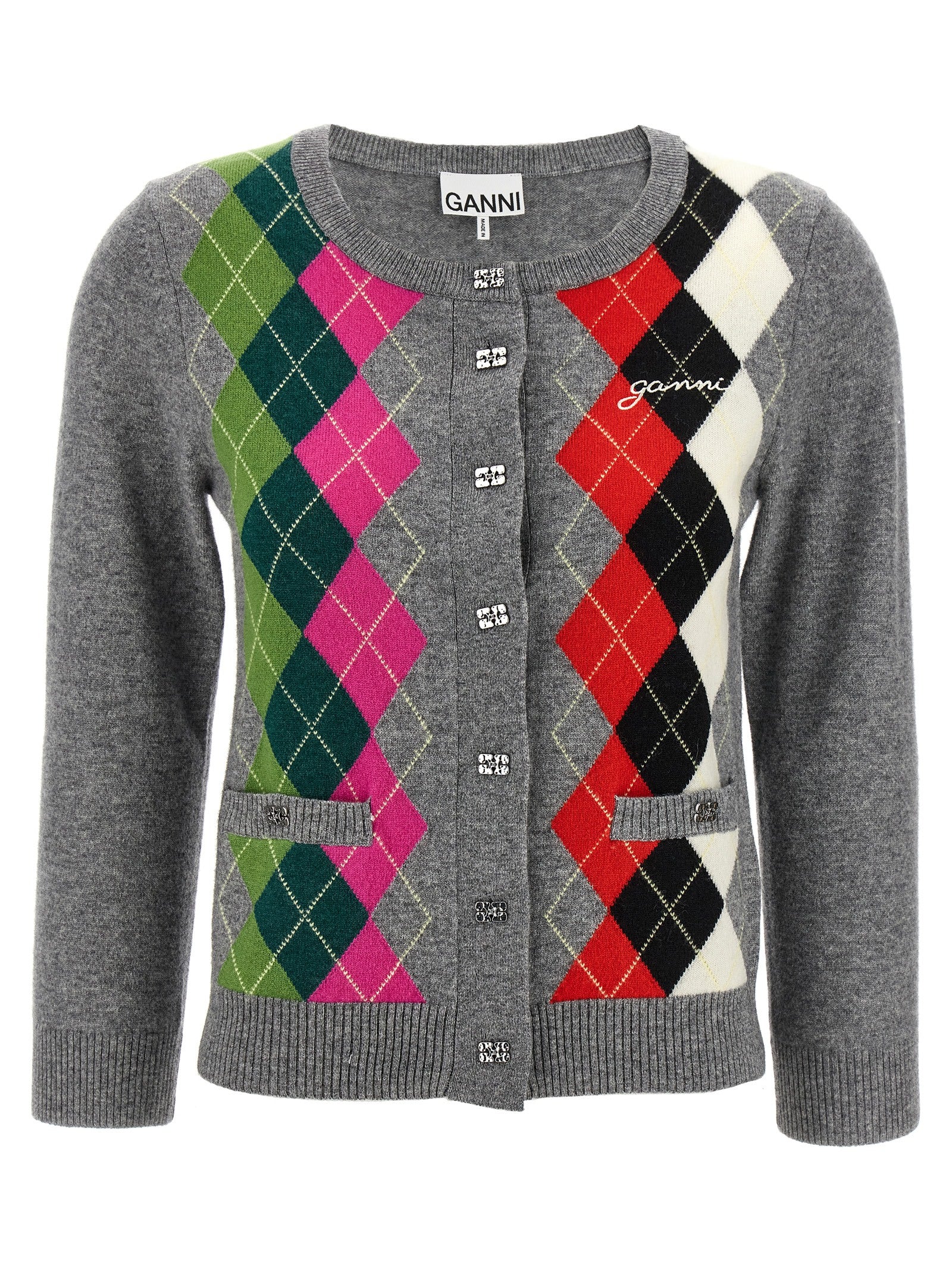 Ganni Grauer Cardigan aus Merinowolle