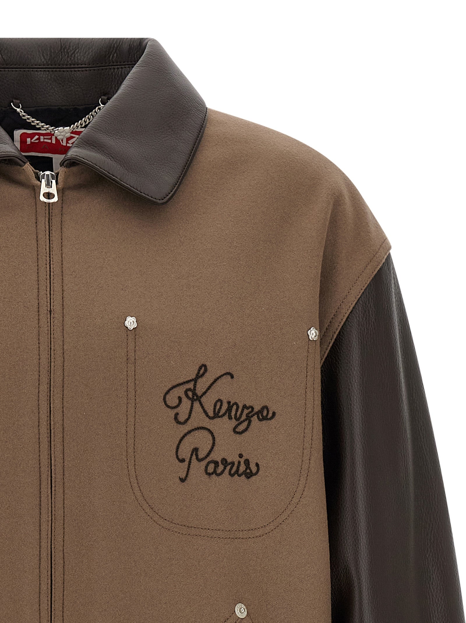 Kenzo Braune Jacke aus Schurwolle und Leder