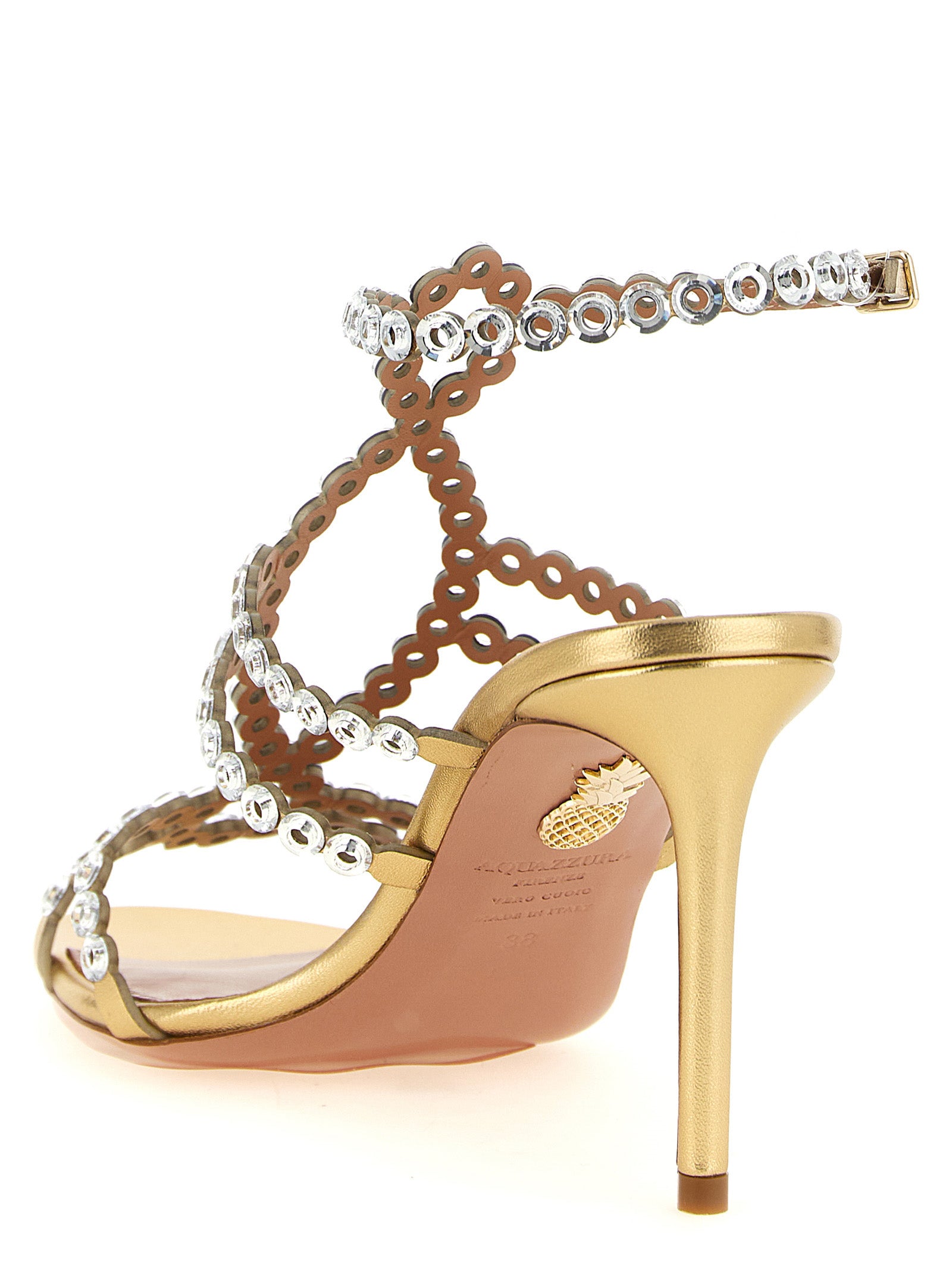 Aquazzura Sandale mit Stiletto-Absatz aus laminiertem Lammleder in Gold