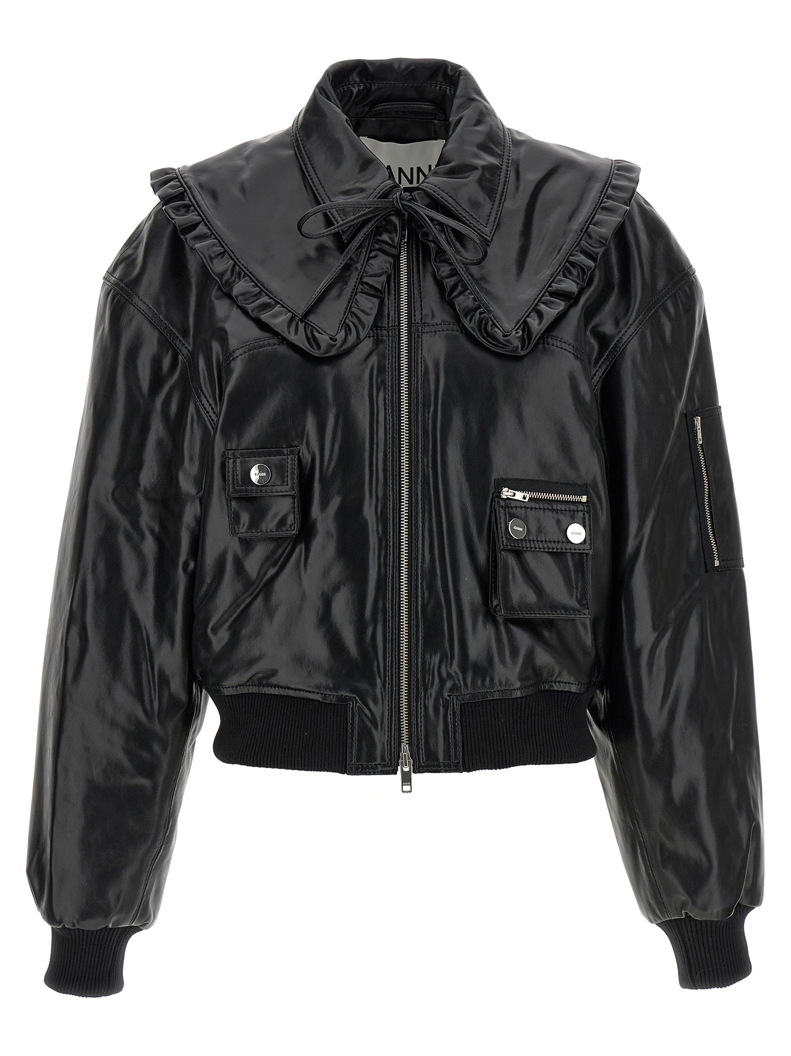 Ganni Schwarze Leder Bomberjacke