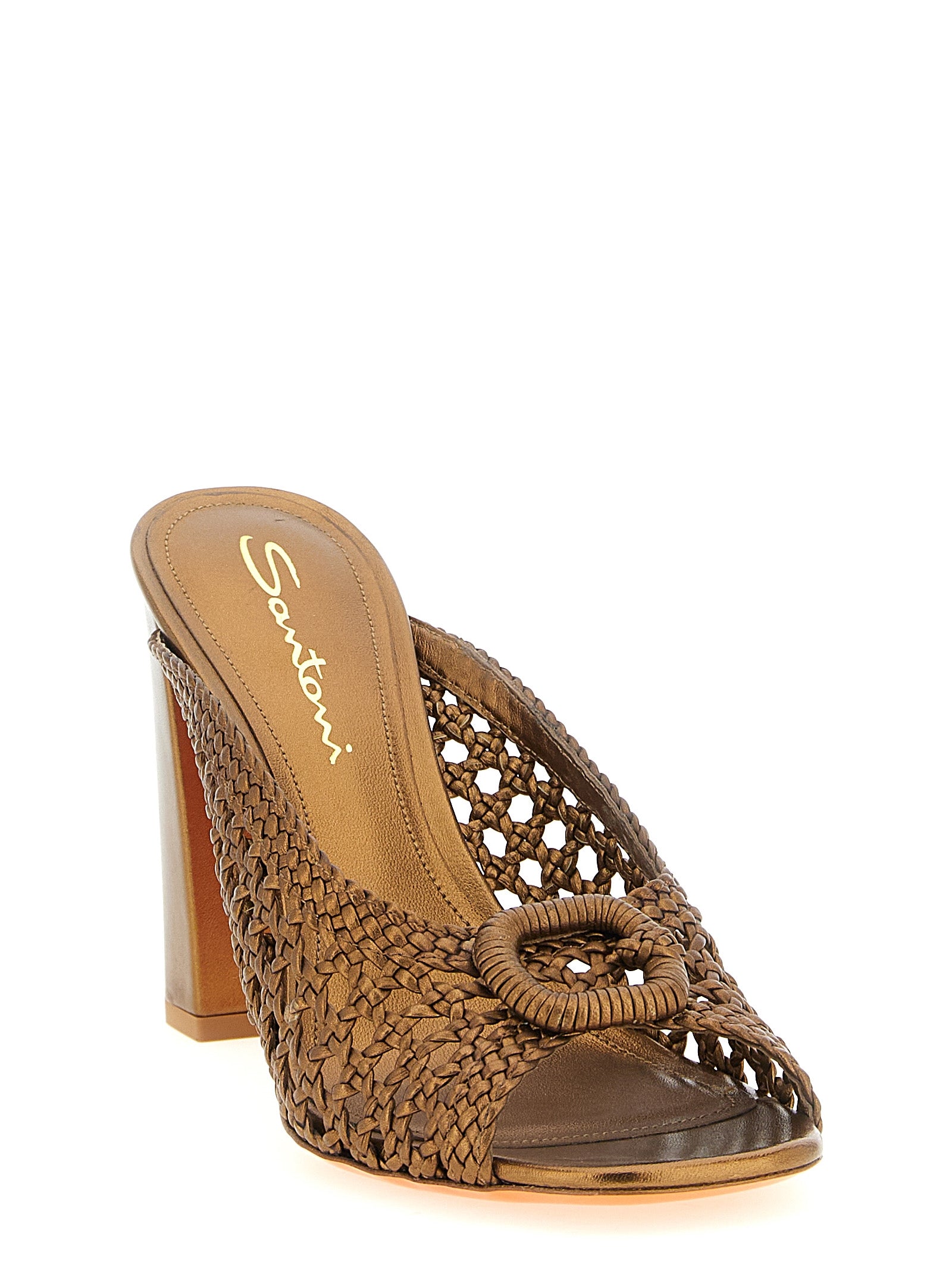Santoni Sandale mit Stiletto-Absatz aus laminiertem Lammleder in Gold