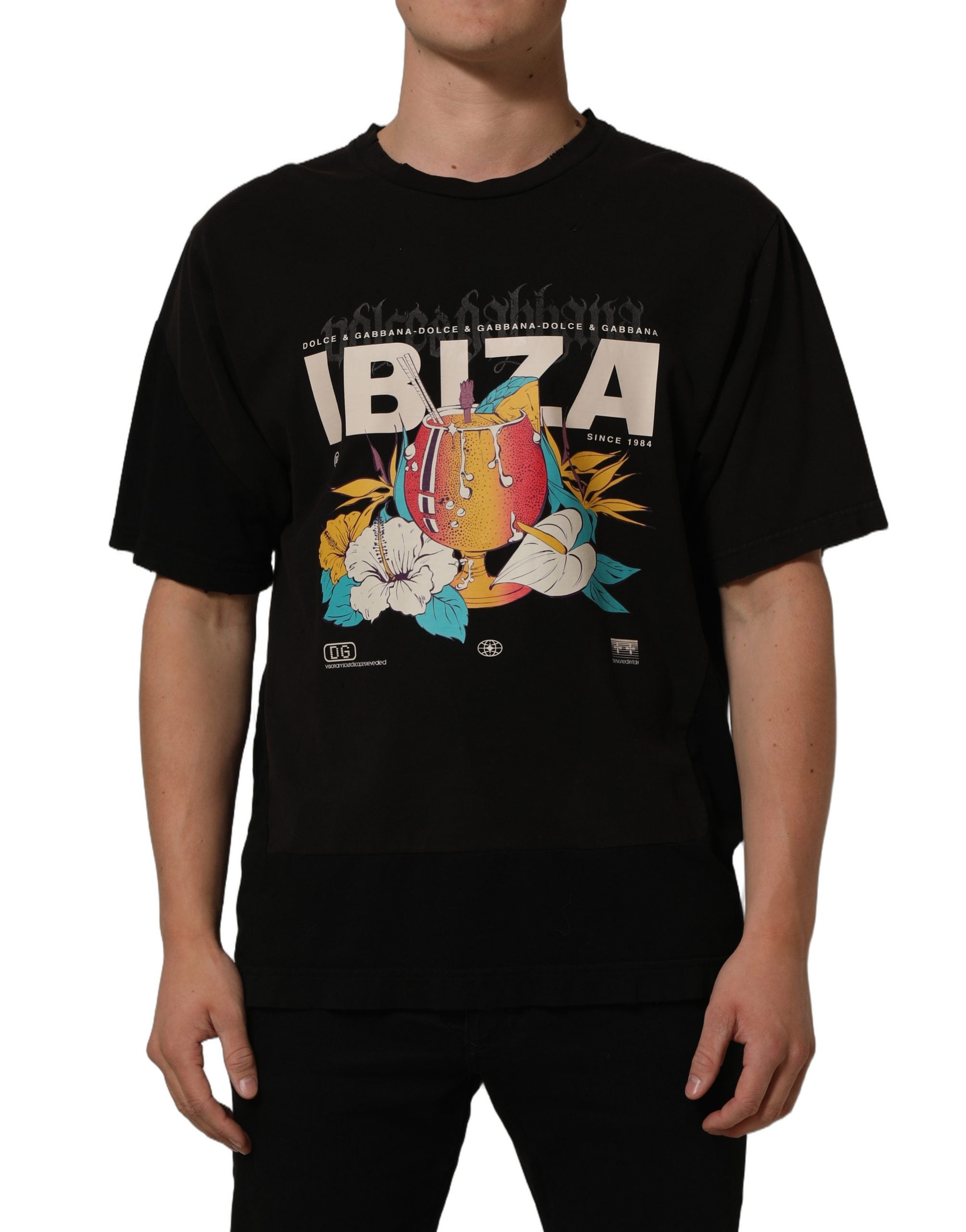 Dolce & Gabbana Schwarzes Tropical "IBIZA" Herren T-Shirt mit Rundhalsausschnitt