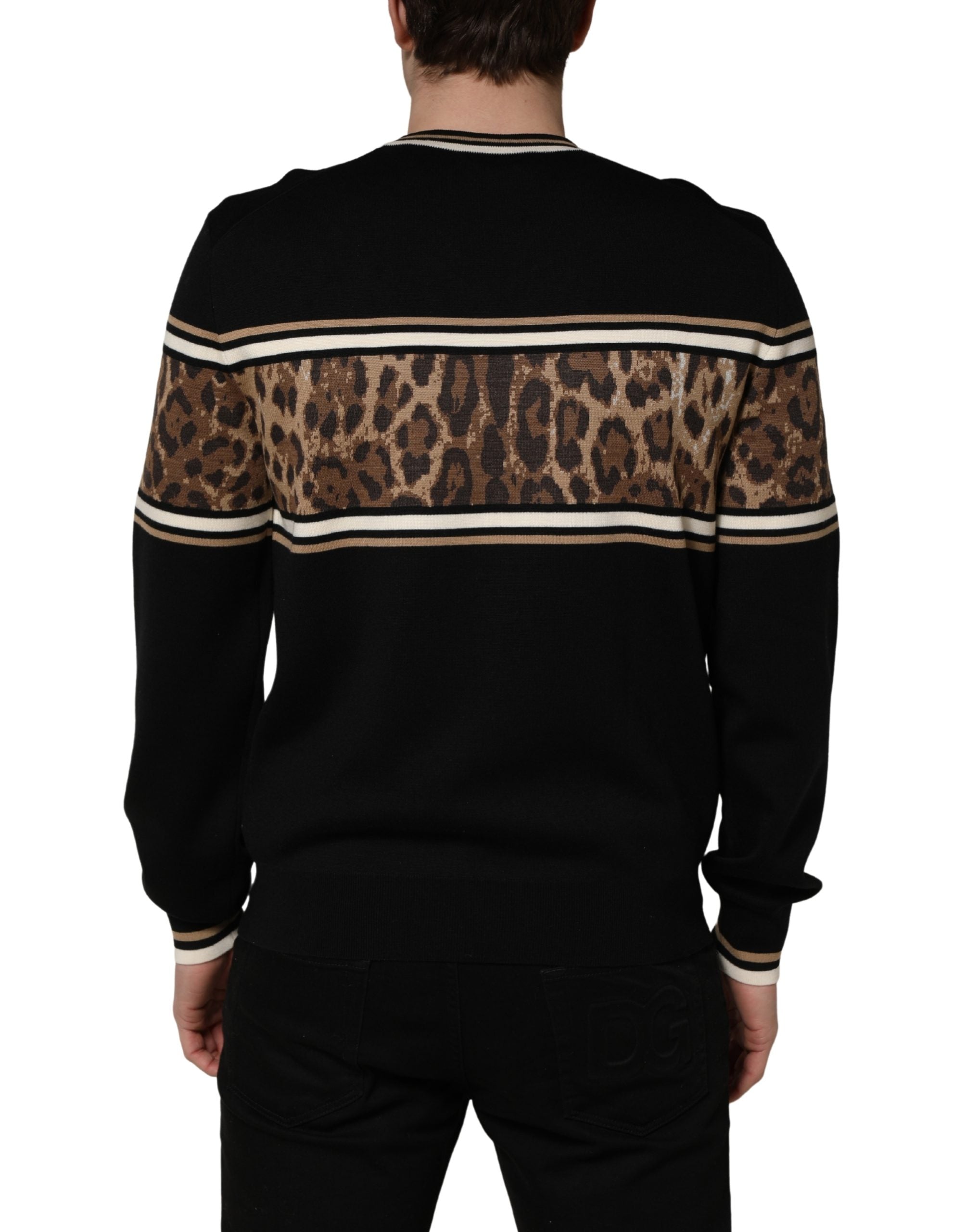 Dolce & Gabbana Pullover-Pullover aus schwarzer Wolle mit Leopardenmuster für Herren