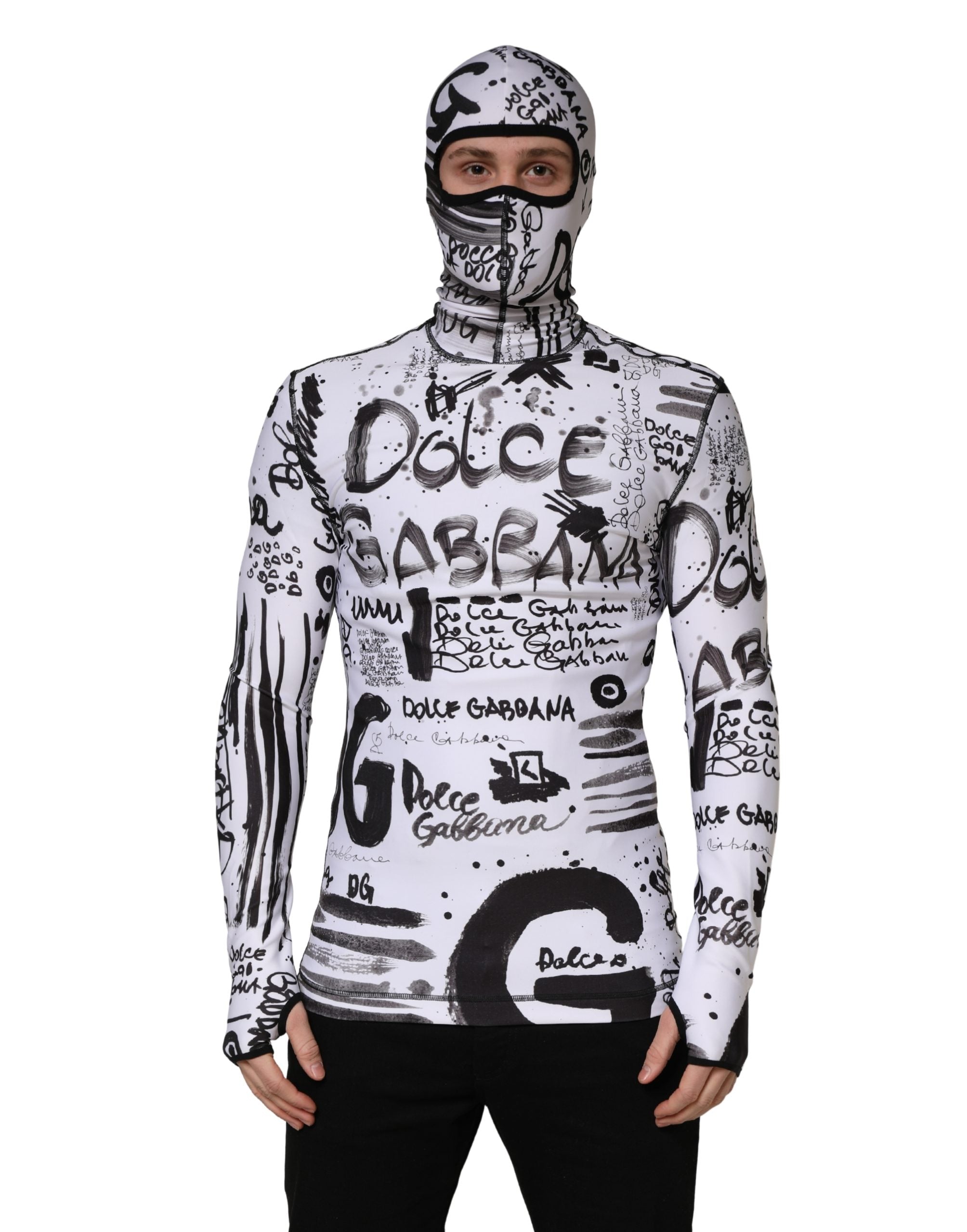 Dolce & Gabbana Weißer Balaclava-Hoodie aus Jersey mit Graffiti-Print