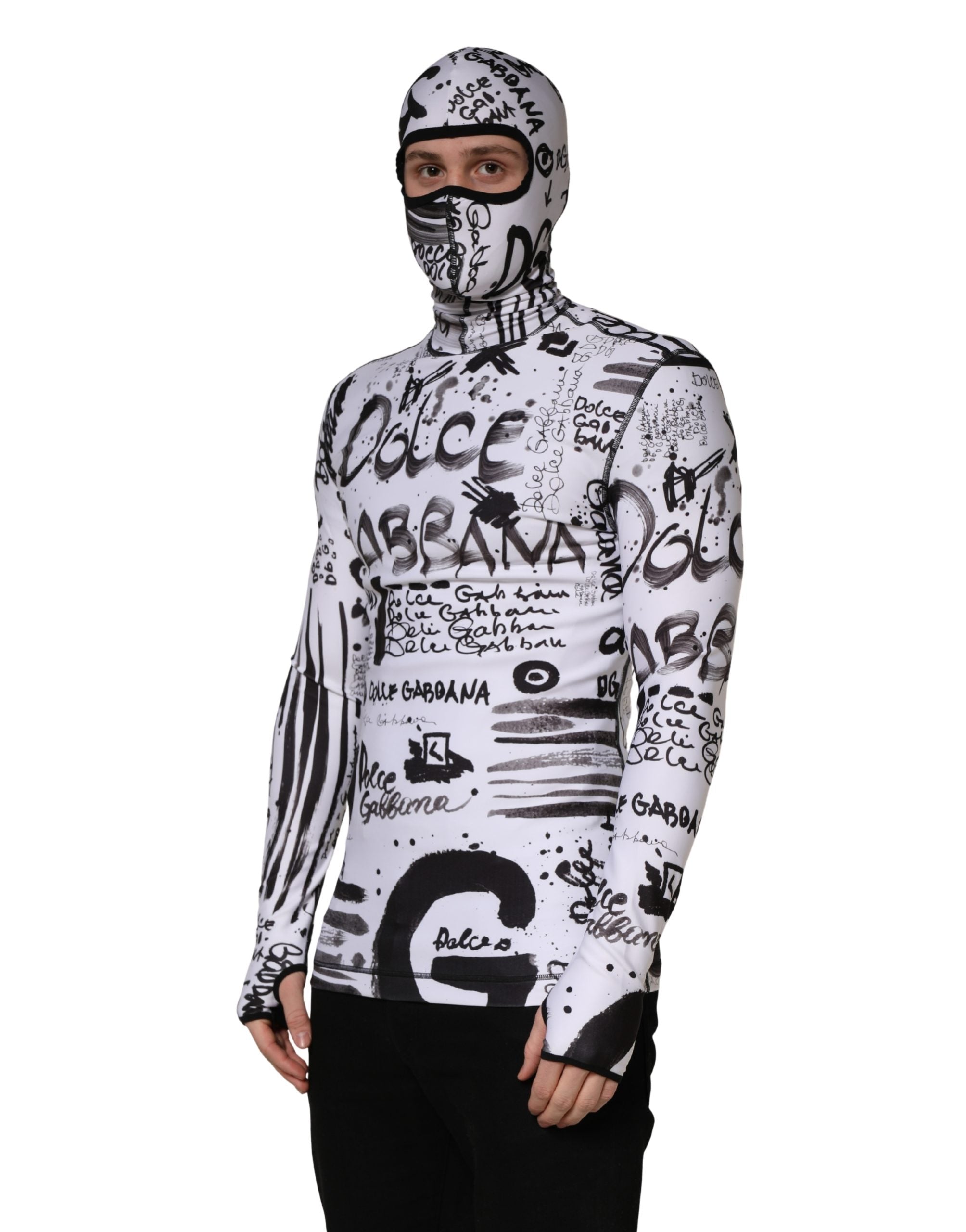 Dolce & Gabbana Weißer Balaclava-Hoodie aus Jersey mit Graffiti-Print