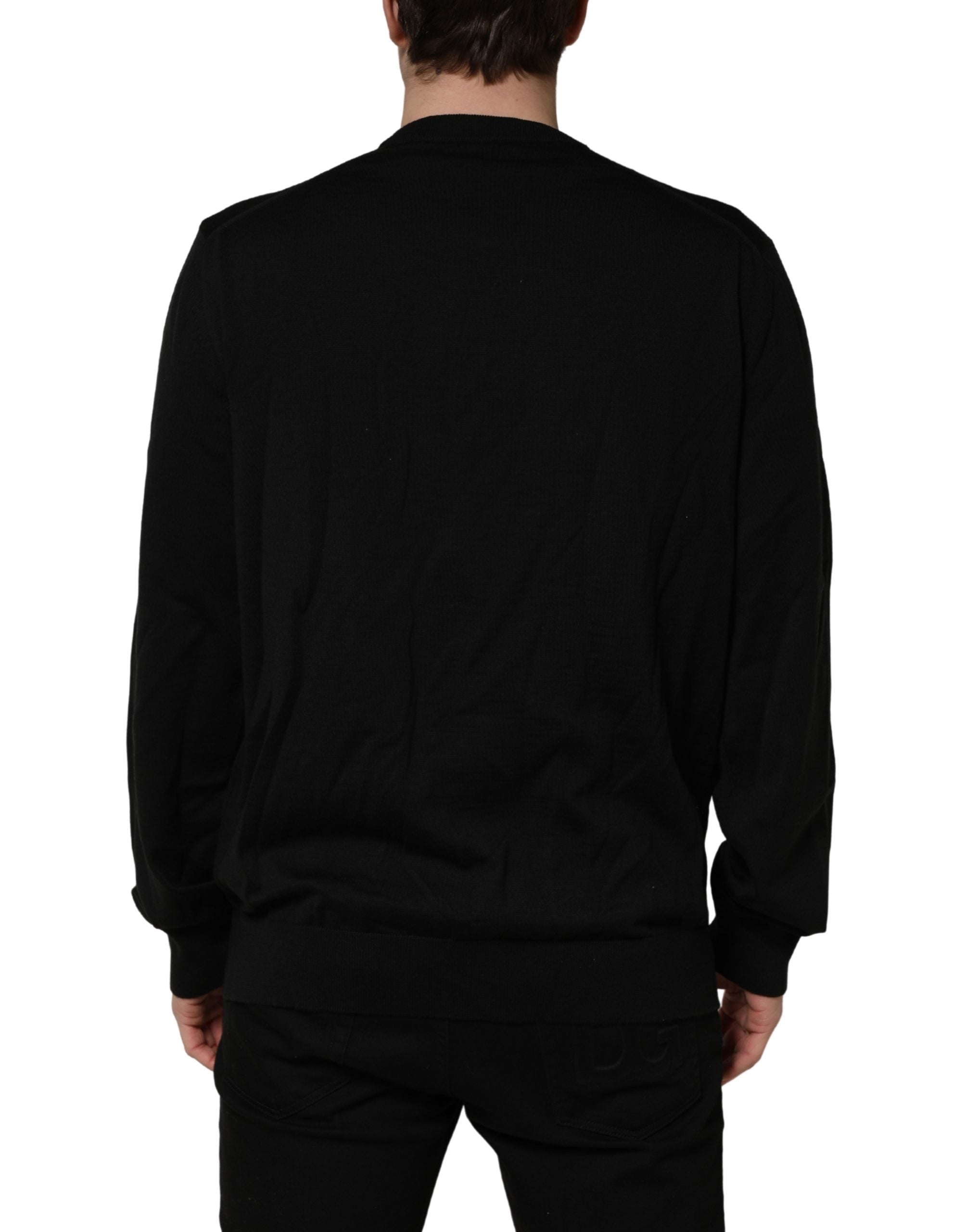 Dolce & Gabbana Schwarzer Wollpullover mit Rundhalsausschnitt und grafischem Logo