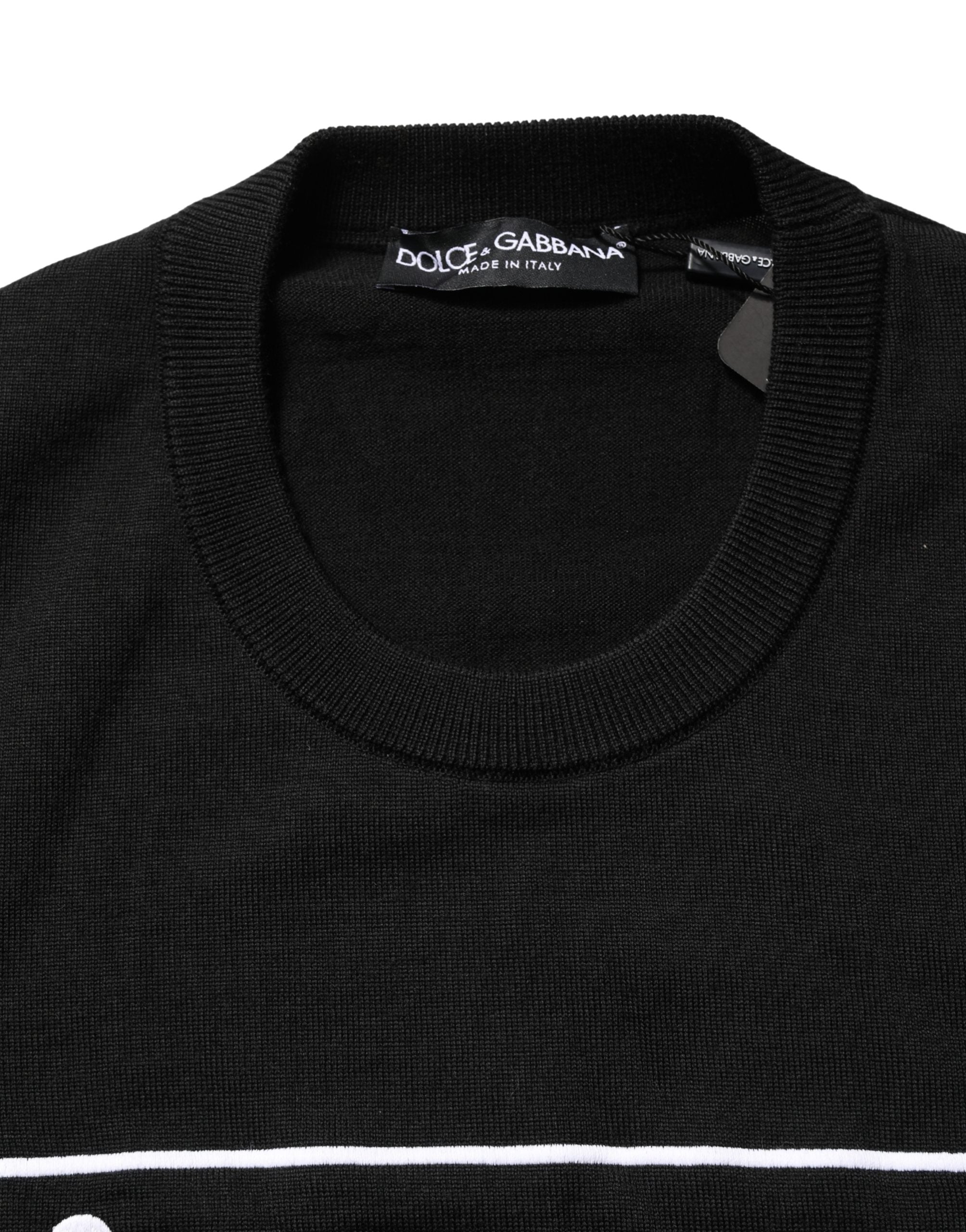 Dolce & Gabbana Schwarzer Wollpullover mit Rundhalsausschnitt und grafischem Logo