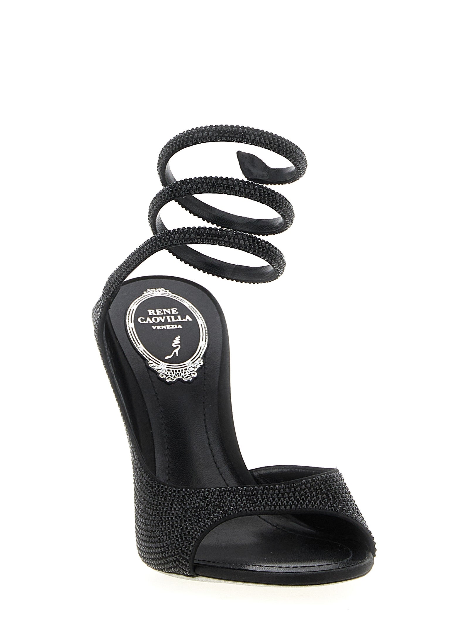 RENE CAOVILLA Schwarze Stiletto-Sandalen aus Satin