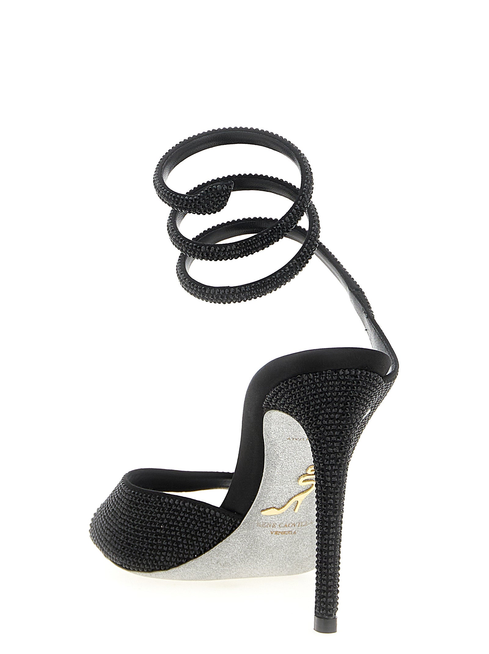 RENE CAOVILLA Schwarze Stiletto-Sandalen aus Satin