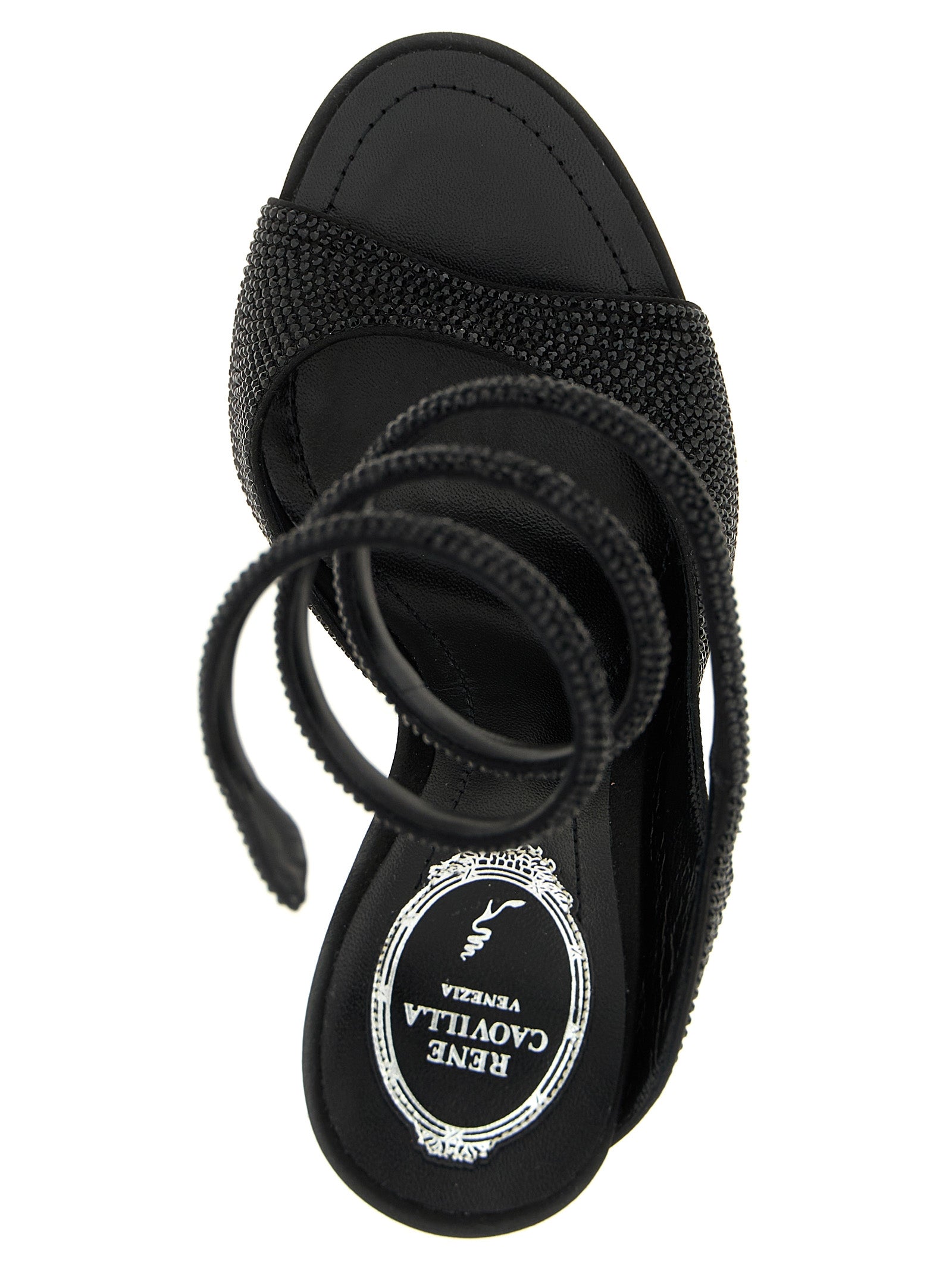 RENE CAOVILLA Schwarze Stiletto-Sandalen aus Satin