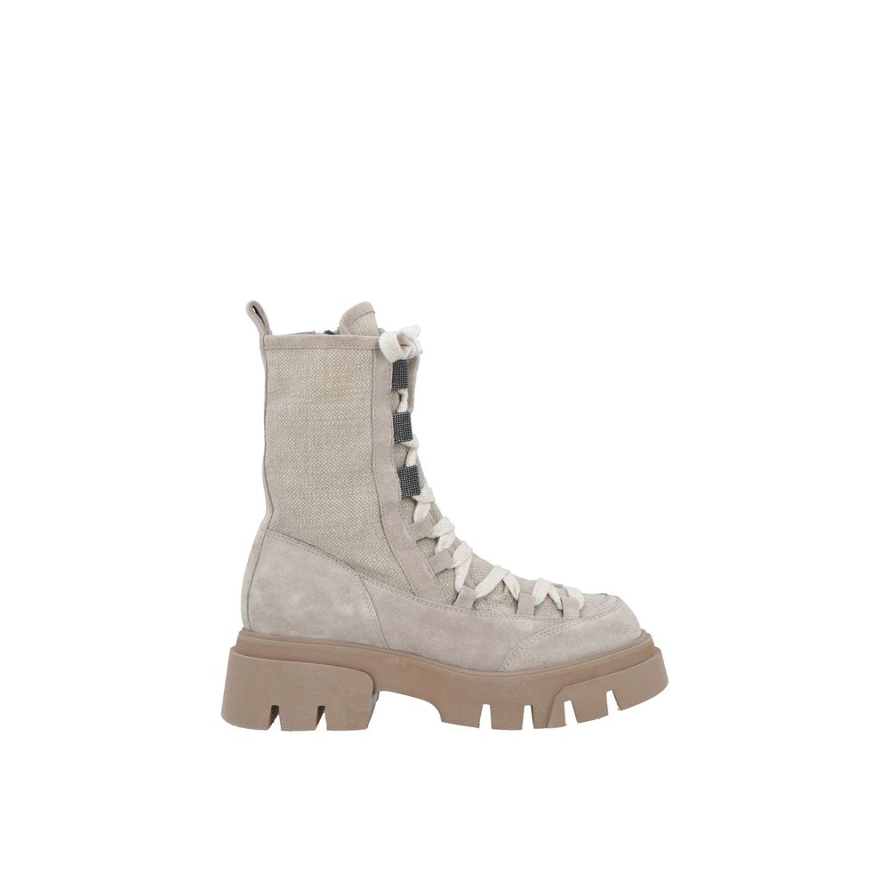 Brunello Cucinelli Beige Leder Schnürstiefel