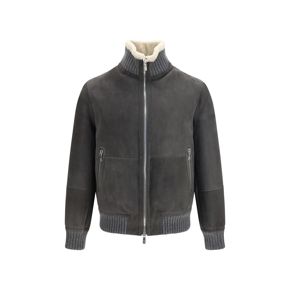 Brunello Cucinelli Graue Lammfelljacke Aries aus Wolle, durchgehend