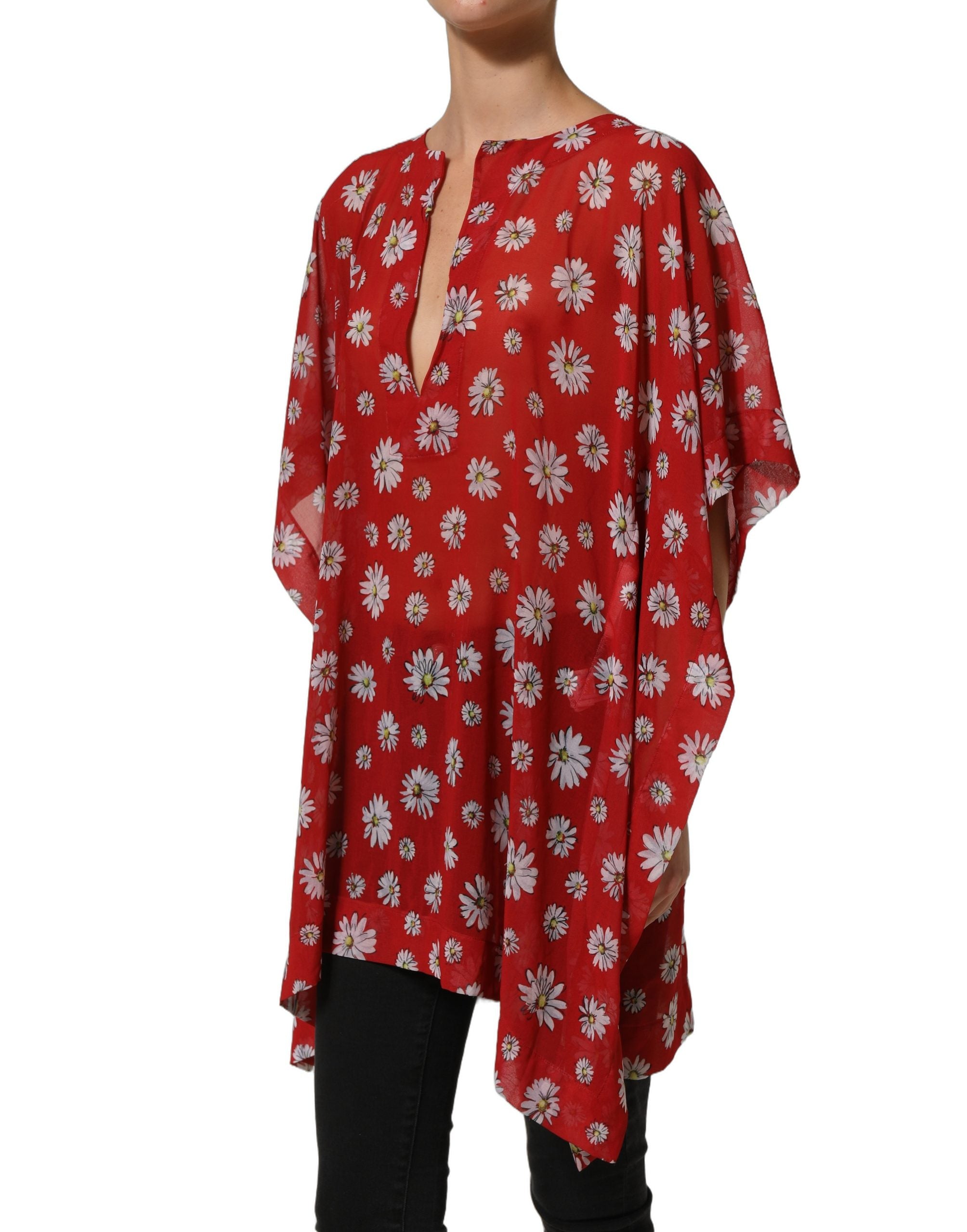 Dolce & Gabbana Rote Kaftan-Bluse aus Polyester mit Blumenmuster und V-Ausschnitt