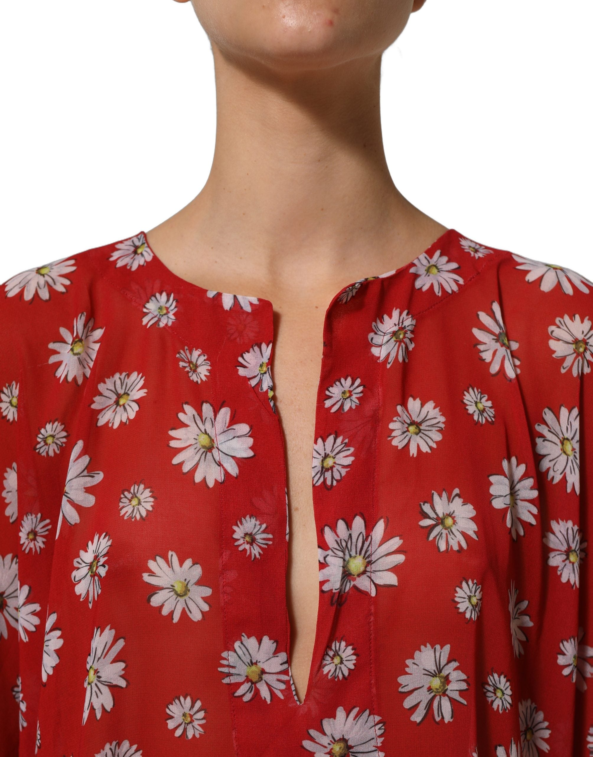 Dolce & Gabbana Rote Kaftan-Bluse aus Polyester mit Blumenmuster und V-Ausschnitt