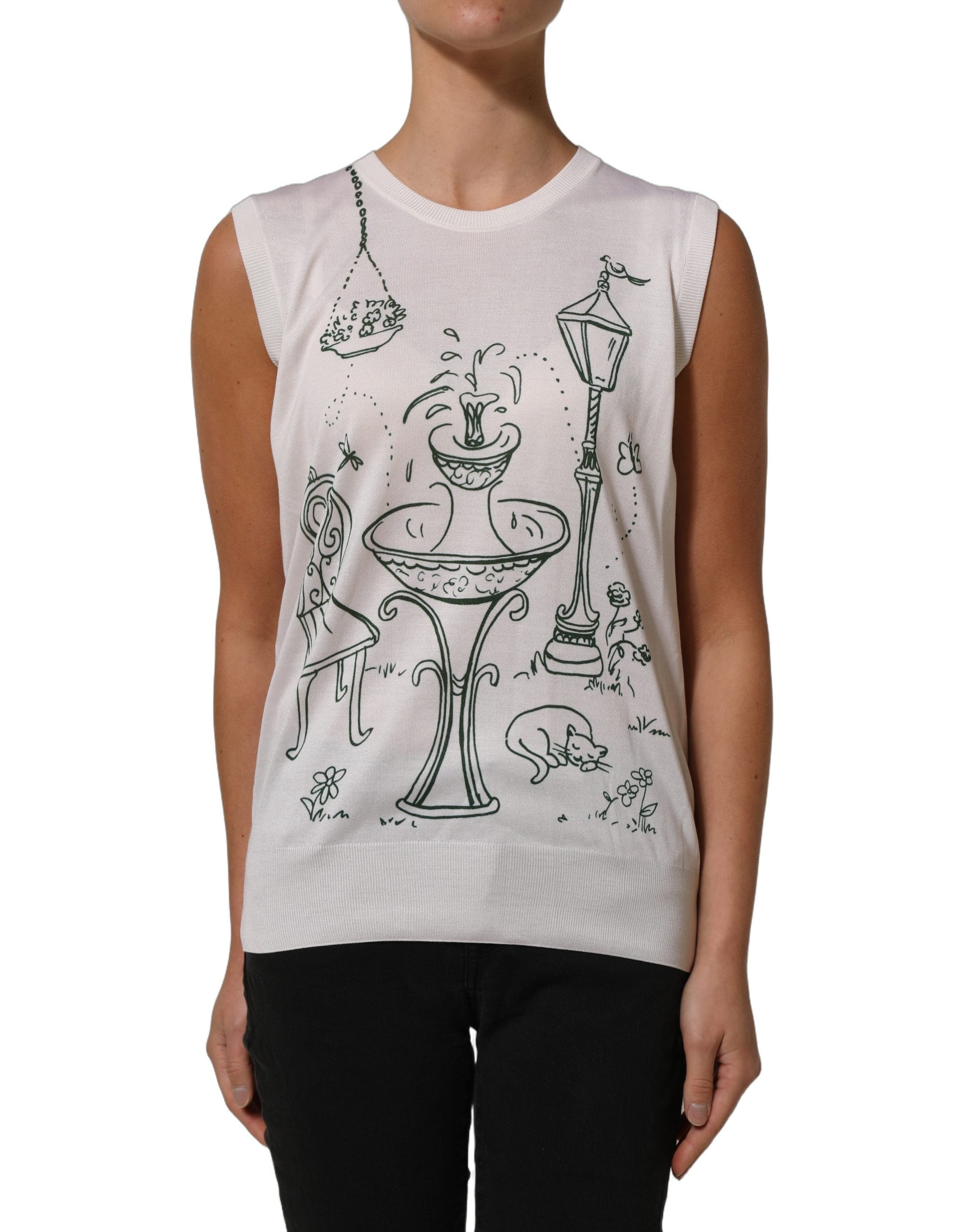 Dolce & Gabbana Weißes Seidenstrick-Top mit „Garden Fountain“-Print